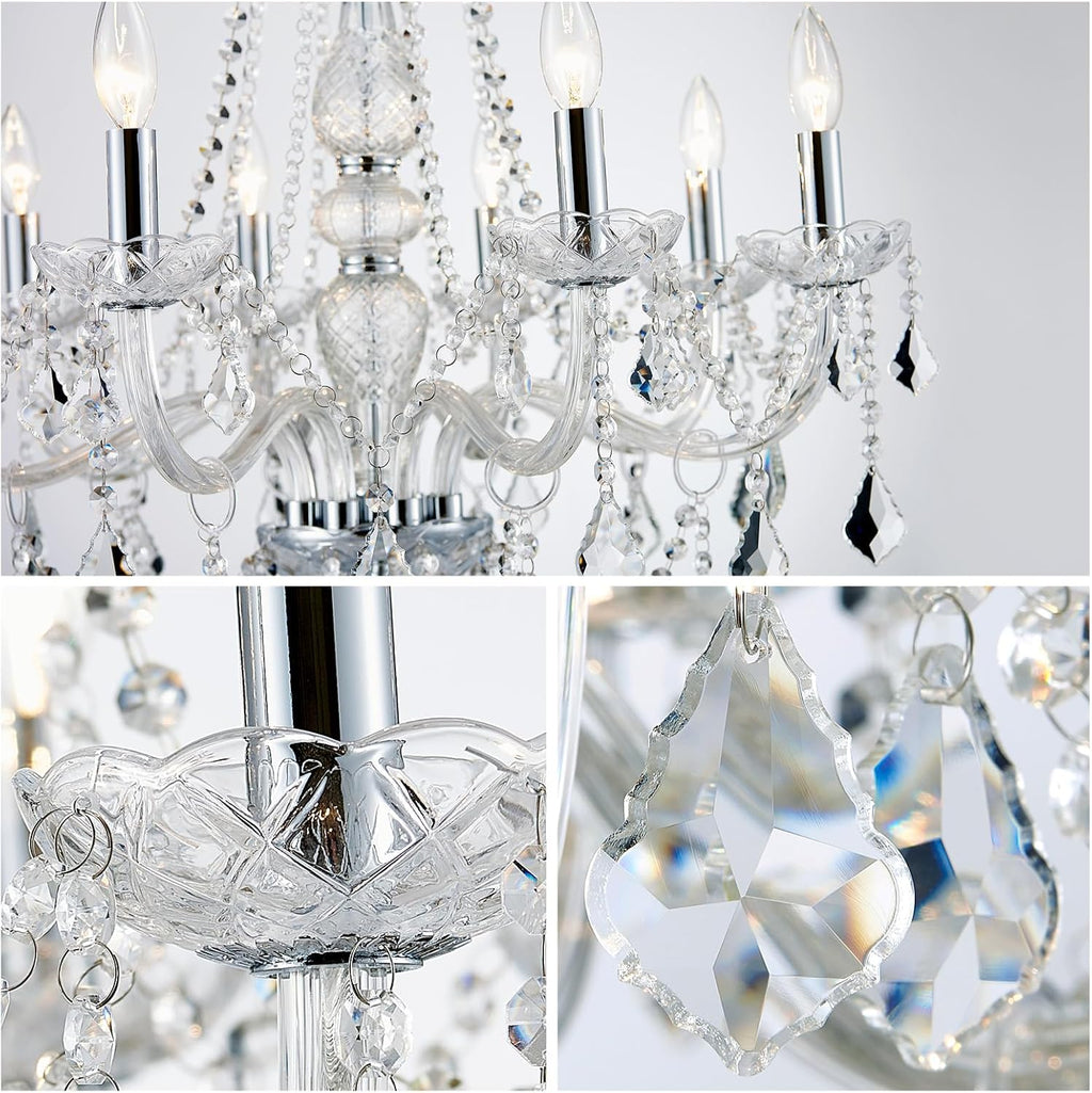 WUZUPS 8-Light Crystal Candle Chandelier Pendant Ceiling Light Modern Lighting Fixture for Bedroom Hallway Bar Kitchen Bathroom, H 35.4' W 27.6', E12 Base, Chrome