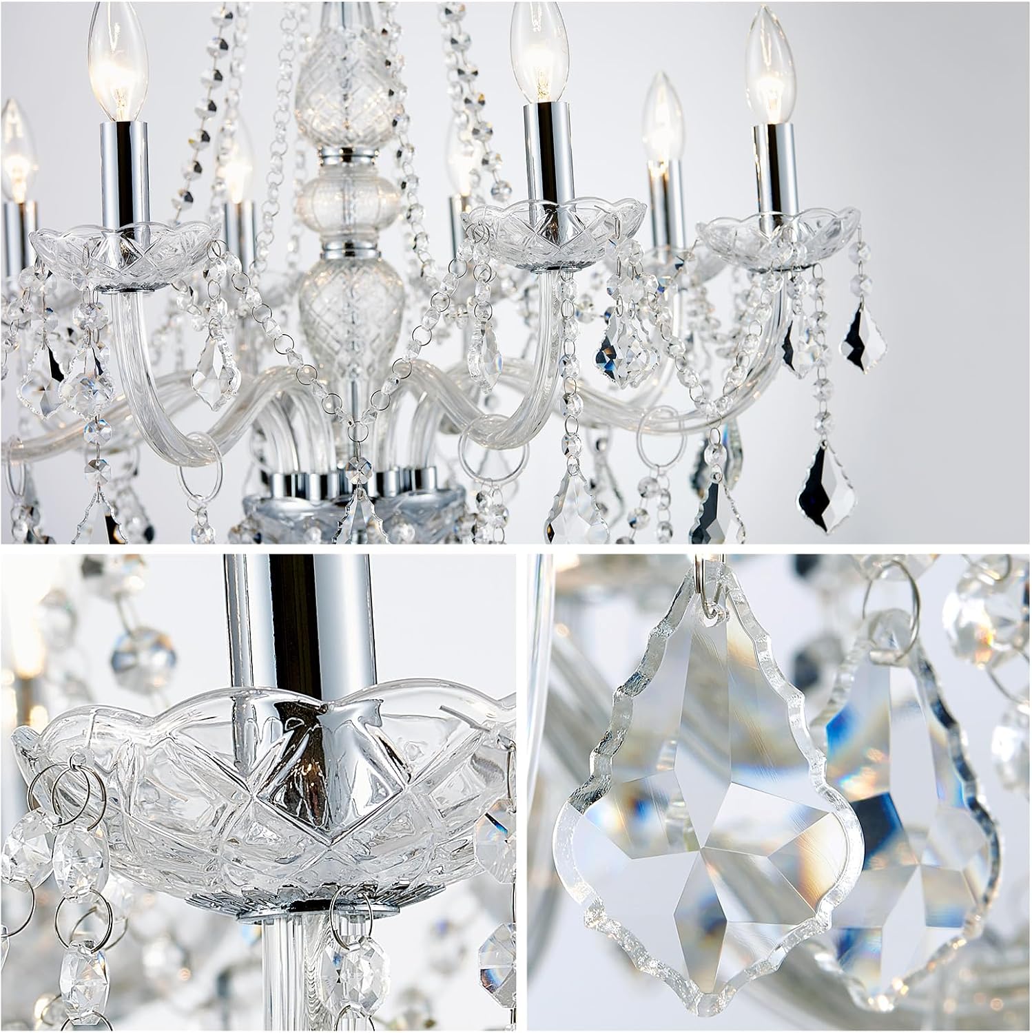 WUZUPS 8-Light Crystal Candle Chandelier Pendant Ceiling Light Modern Lighting Fixture for Bedroom Hallway Bar Kitchen Bathroom, H 35.4' W 27.6', E12 Base, Chrome