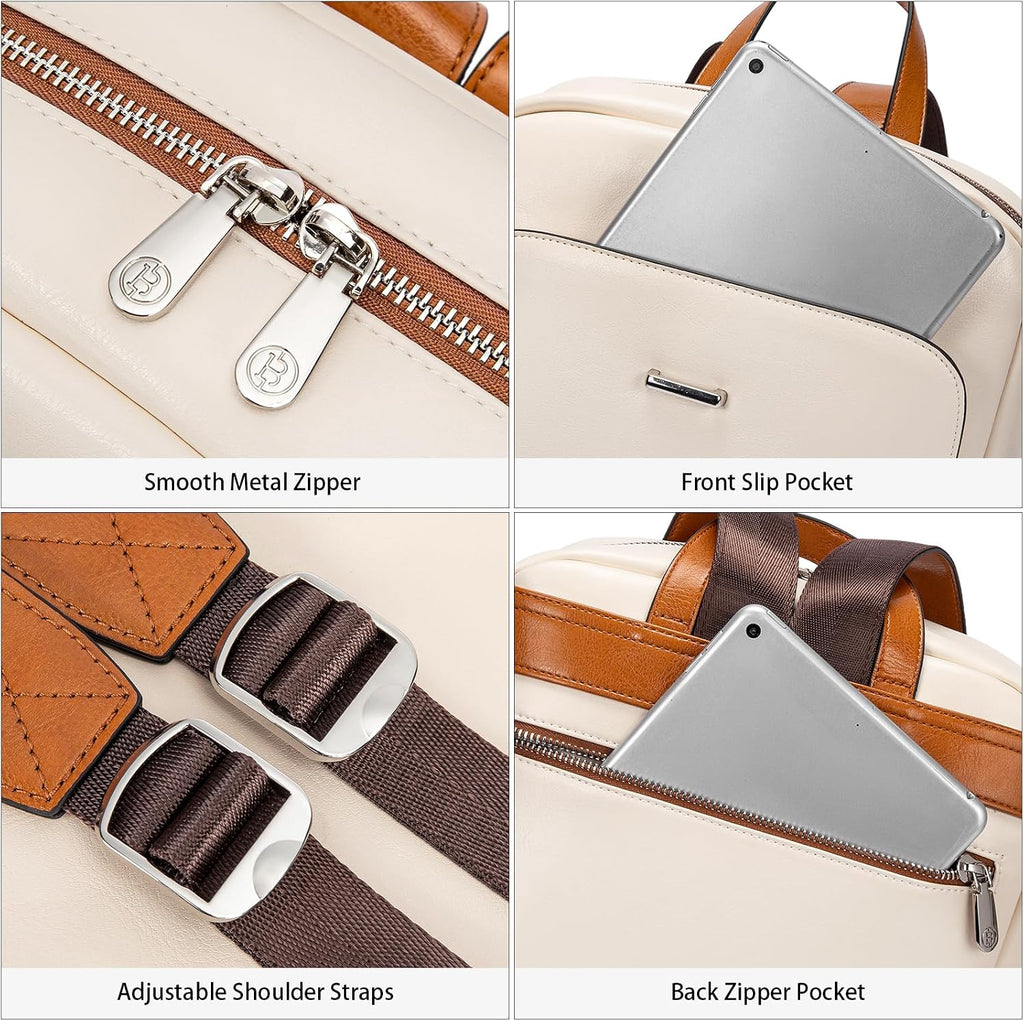 BOSTANTEN Leather Laptop Backpack for Women,15.6 inch Computer Backpack Purse College Daypack Work Travel Bag Beige-White