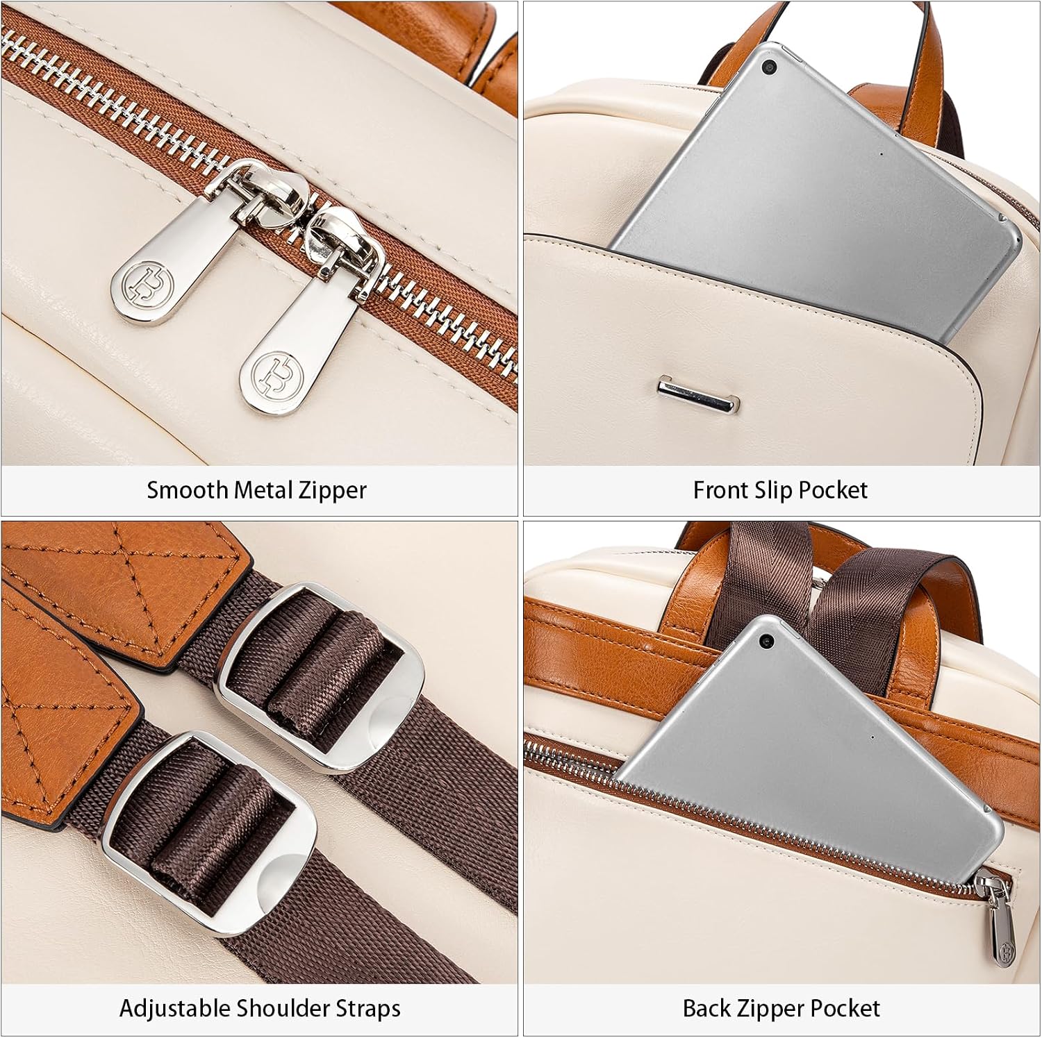BOSTANTEN Leather Laptop Backpack for Women,15.6 inch Computer Backpack Purse College Daypack Work Travel Bag Beige-White
