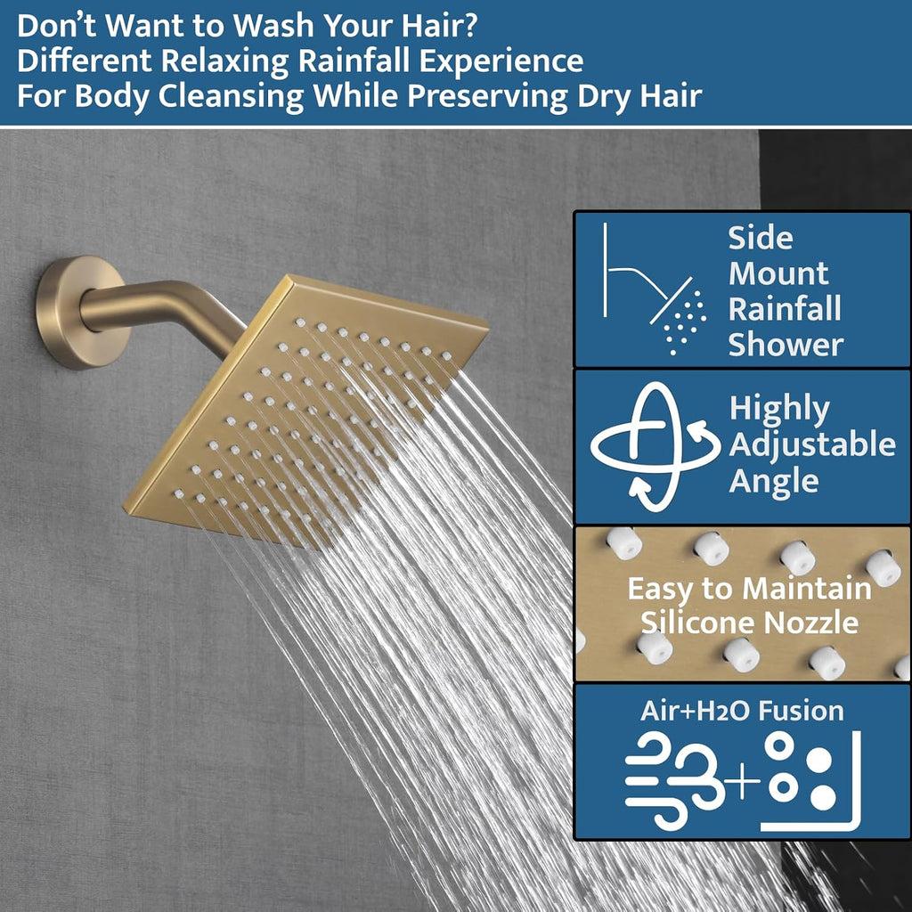 Thermostatic Shower System with Ceiling Mount 16 Inch LED Shower Head Brushed Gold, Push Button Diverter Shower Faucet with 3 in 1 Handheld, 6 Inch Shower Head【All Functions Simultaneous Use】
