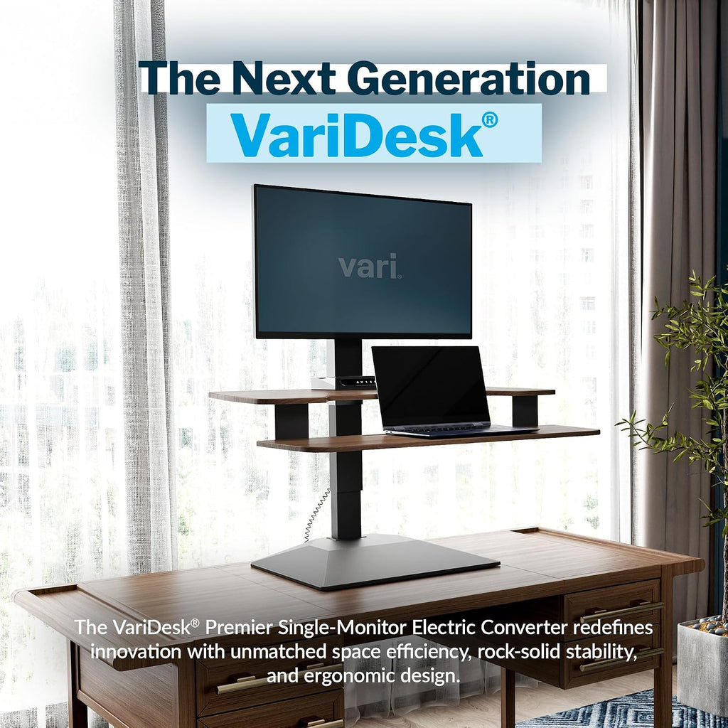 Vari VariDesk Premier Electric Converter - Standing Desk Height Adjustable Riser - Stand Up Converter for Home Office Workspace - Single Monitor Mount Computer Workstation (Walnut)