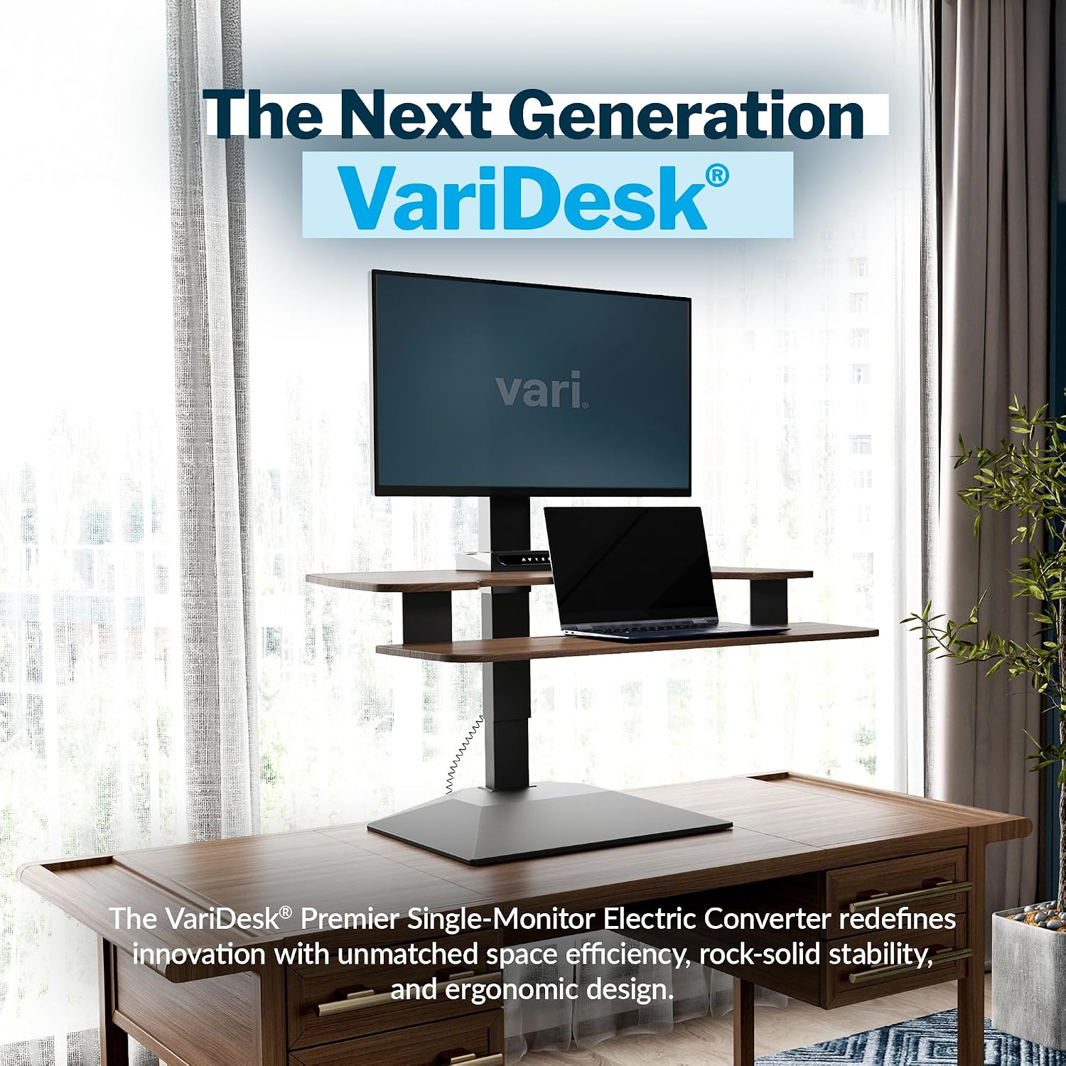 Vari VariDesk Premier Electric Converter - Standing Desk Height Adjustable Riser - Stand Up Converter for Home Office Workspace - Single Monitor Mount Computer Workstation (Walnut)