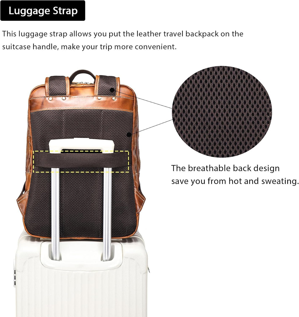LANNSYNE Vegetable Tanned Leather Backpack For Men, 15.6' Leather Laptop Backpack Hiking Travel Bag Camping Rucksack