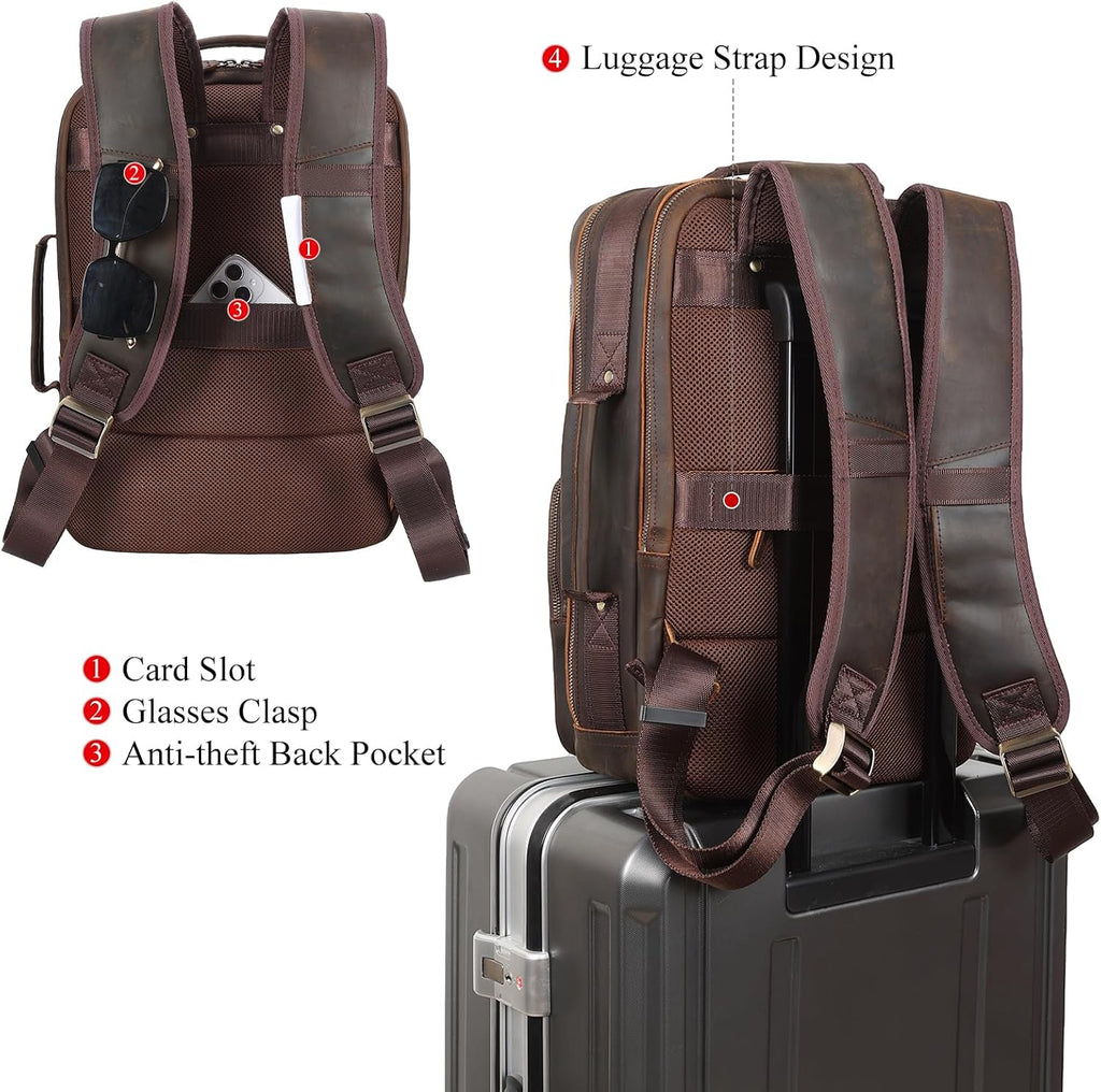 TIDING Full Grain Leather 15.6' Laptop Backpack for Men Multi Pockets Casual Daypack Business Travel Rucksack