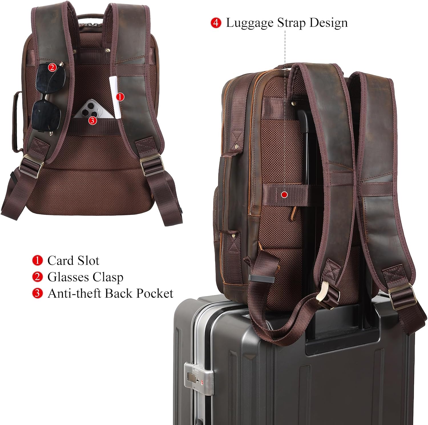 TIDING Full Grain Leather 15.6' Laptop Backpack for Men Multi Pockets Casual Daypack Business Travel Rucksack