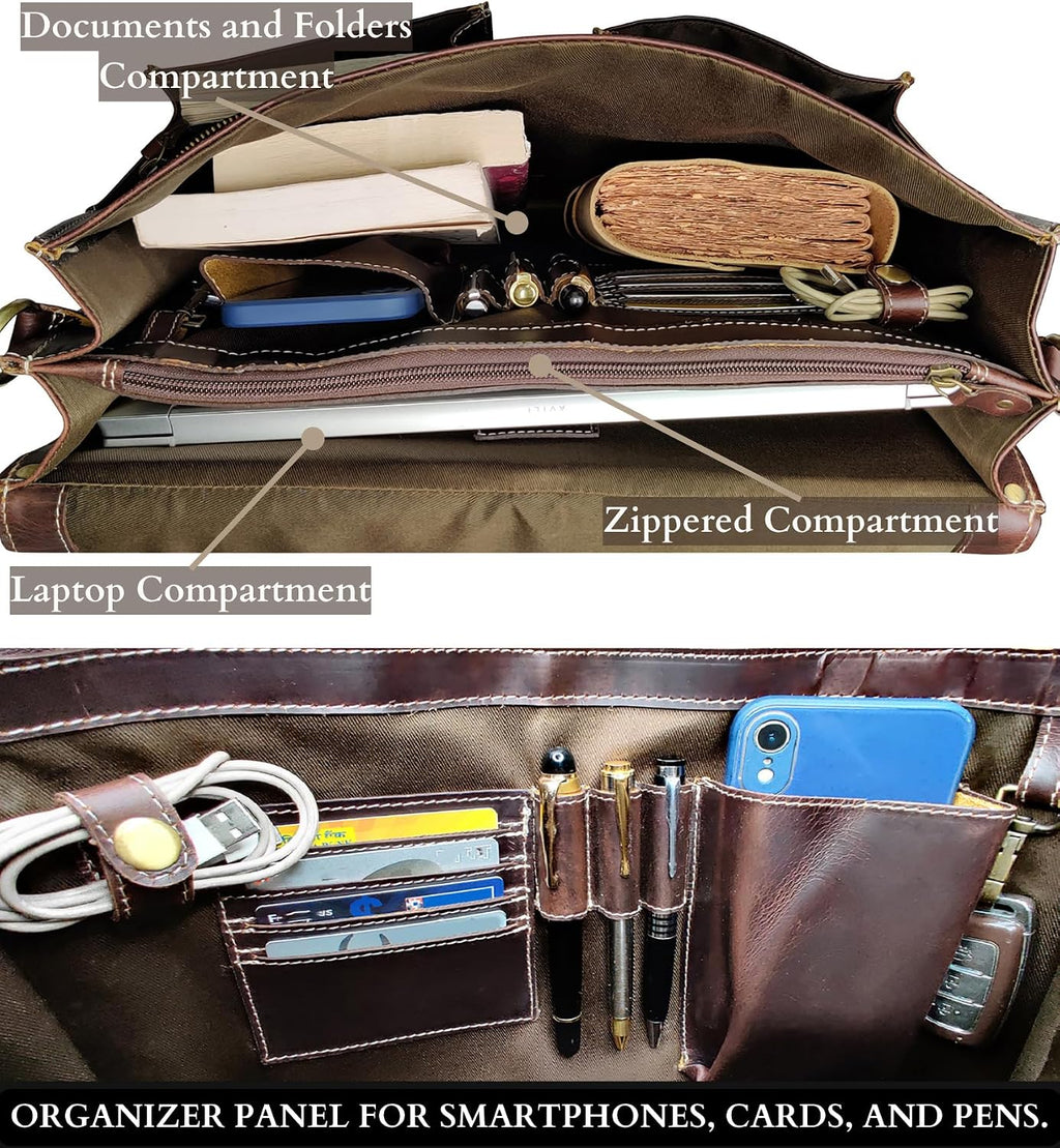 RUSTIC TOWN Handmade Leather Shoulder Briefcase Messenger Bag Mens 16 inch Laptop Satchel
