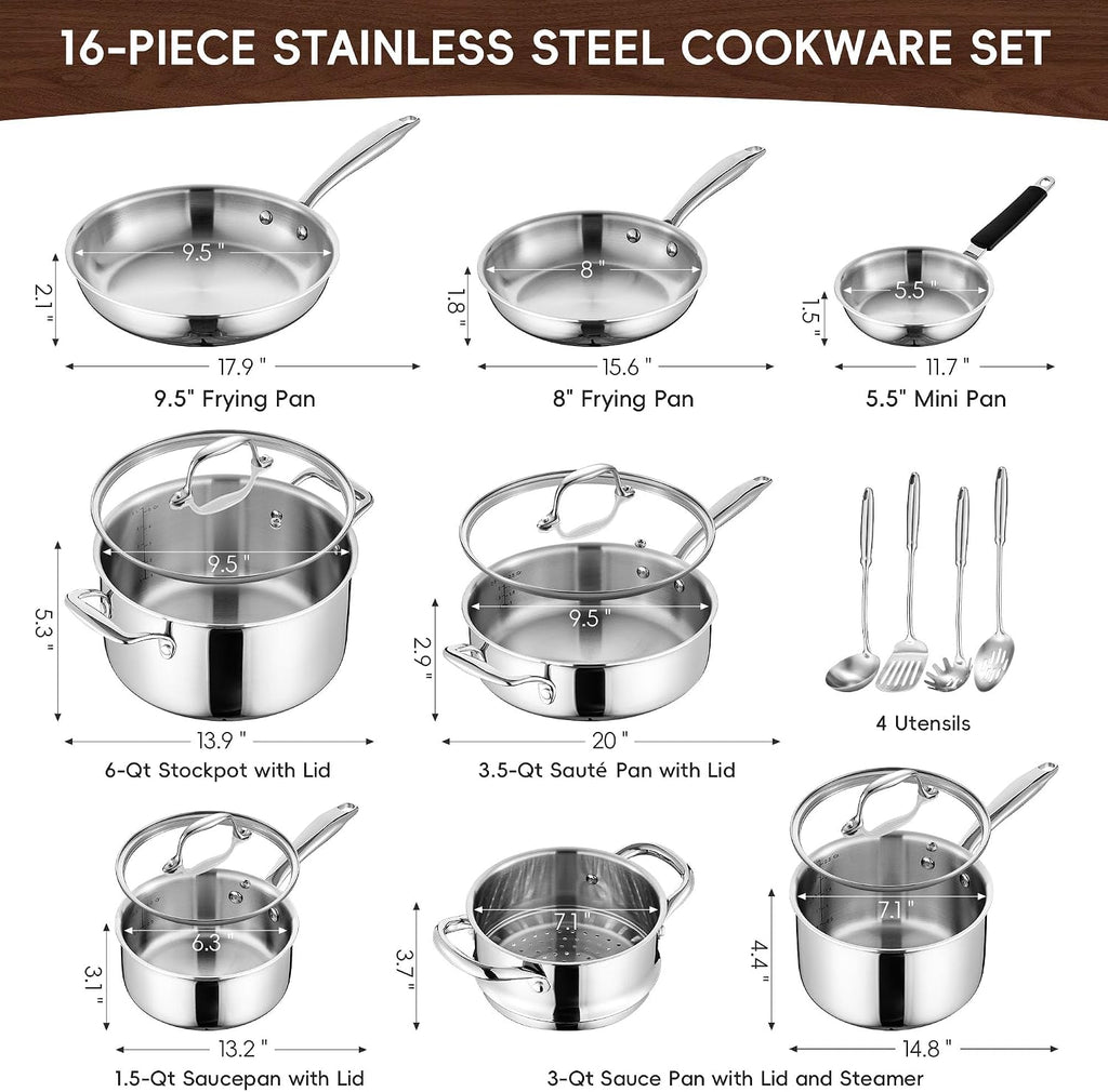 SuperCook Tri Ply Stainless Steel Cookware Set, 16-Piece Pots and Pans Set with Kitchen Utensils and Steamer, Non-Toxic, Multiclad, Induction Oven Compatible, Dishwasher Safe