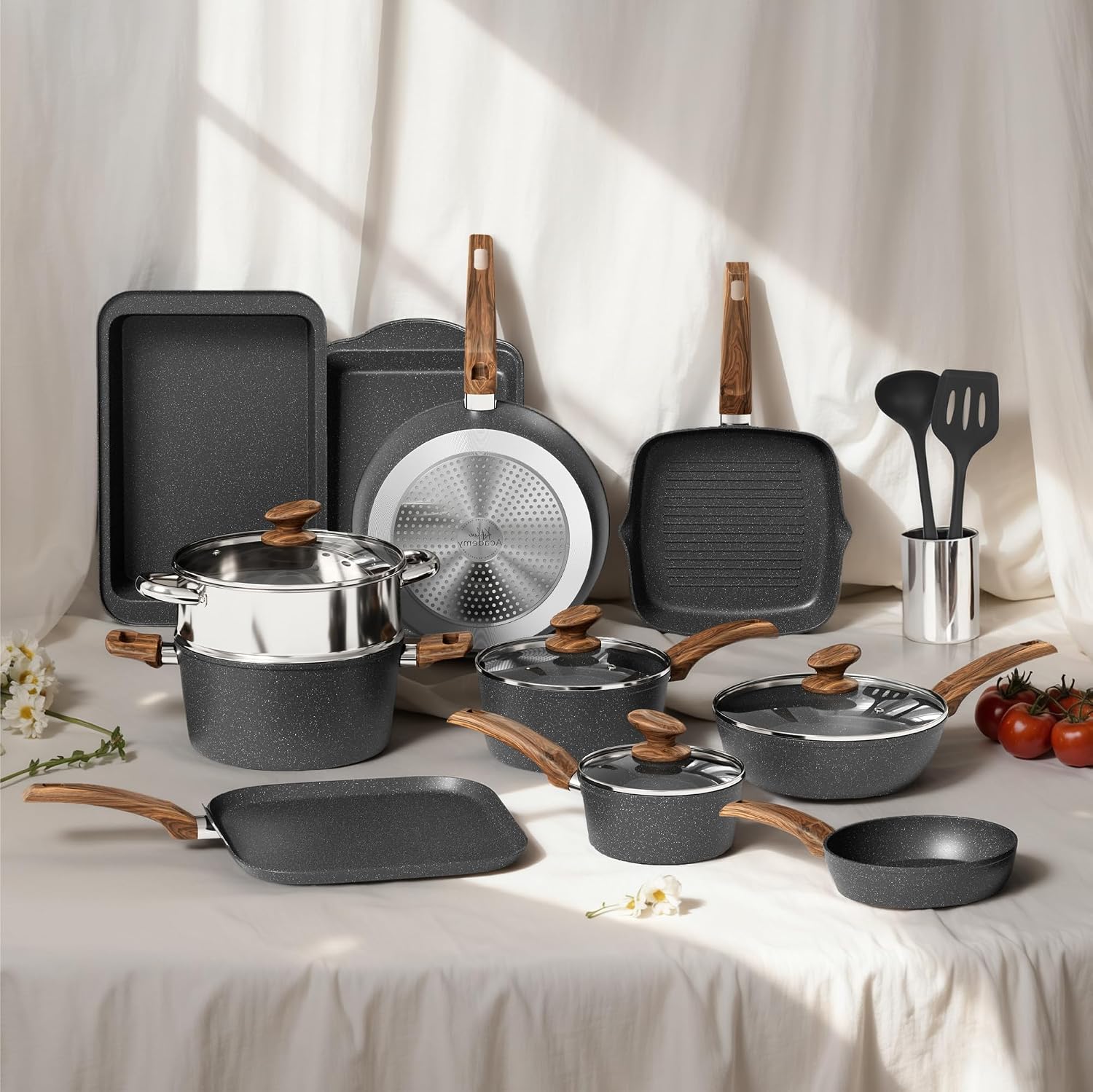 DishDelight Pots and Pans Set Non Stick, 17 Pieces Granite Kitchen Cookware Sets with Nonstick Granite Coating, Induction Cooking Set, Black