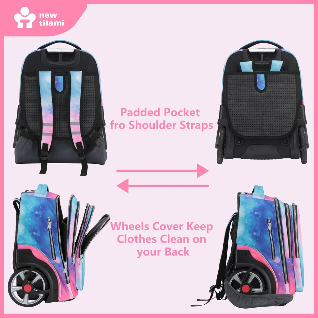 NEW TILAMI 20' Rolling Backpack for Teens Adults, Climbing Stairs Waterproof Backpack with Wheels for School Business Trave Camping with Laptop Compartment, Fit 17 Inch Laptop, Pop Gradient