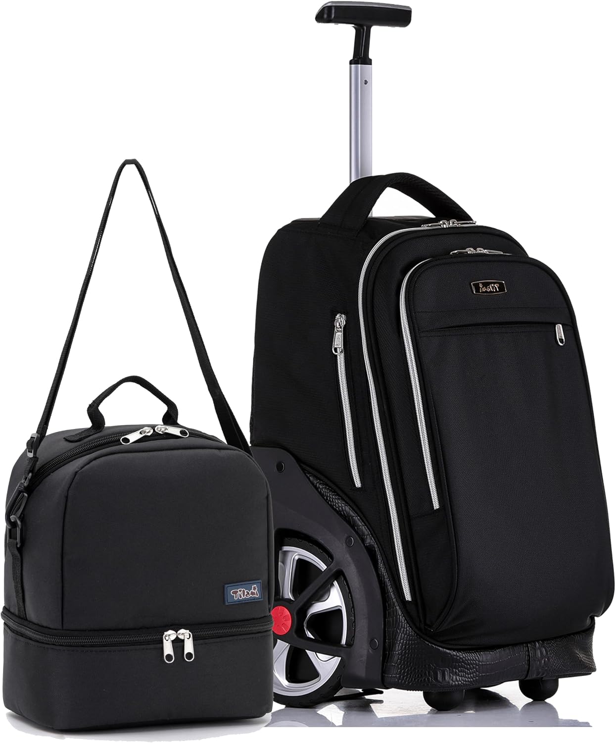 NEW TILAMI 19 Inch Rolling Backpack with Lunch Bag for Girls Boys Wheeled Laptop Backpack Durable Carry-on Bag School Travel, Black