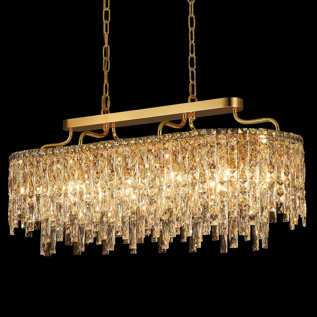 12-Lights Modern Gold Crystal Chandeliers for Dining Room Light Fixtures Over Table | L36' Luxury Crystal Chandeliers for Kitchen Island | Oval Hanging Lighting for Living Room Bedroom Bathroom