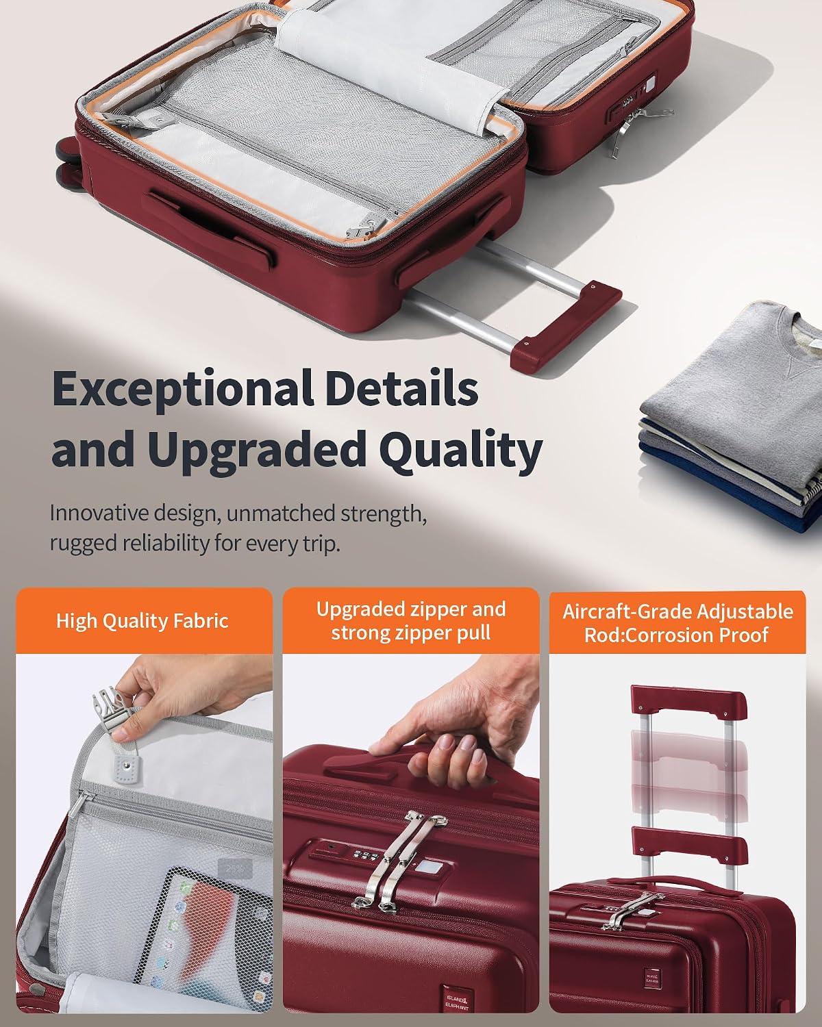 Expandable 20Inch Carry On Luggage Airline Approved - Front Pocket Travel Suitcase 100% PC Unbreakable -with Cup Holder,USB Charge,Side Pothook, 360°Spinner Wheels, TSA Lock-Wine Red