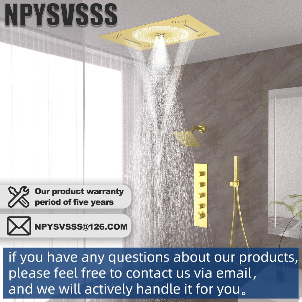 24x16 inch LED Shower head, 2 Function Stainless Steel Rectangle Waterfall And Mist Ceiling Mount Shower Head, 600 * 405mm Spray Waterfall Shower Head with Remote Control, Brushed Gold