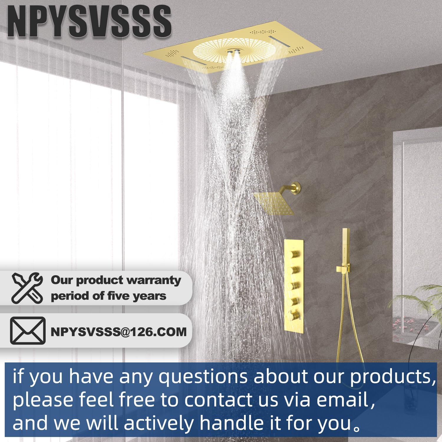 24x16 inch LED Shower head, 2 Function Stainless Steel Rectangle Waterfall And Mist Ceiling Mount Shower Head, 600 * 405mm Spray Waterfall Shower Head with Remote Control, Brushed Gold