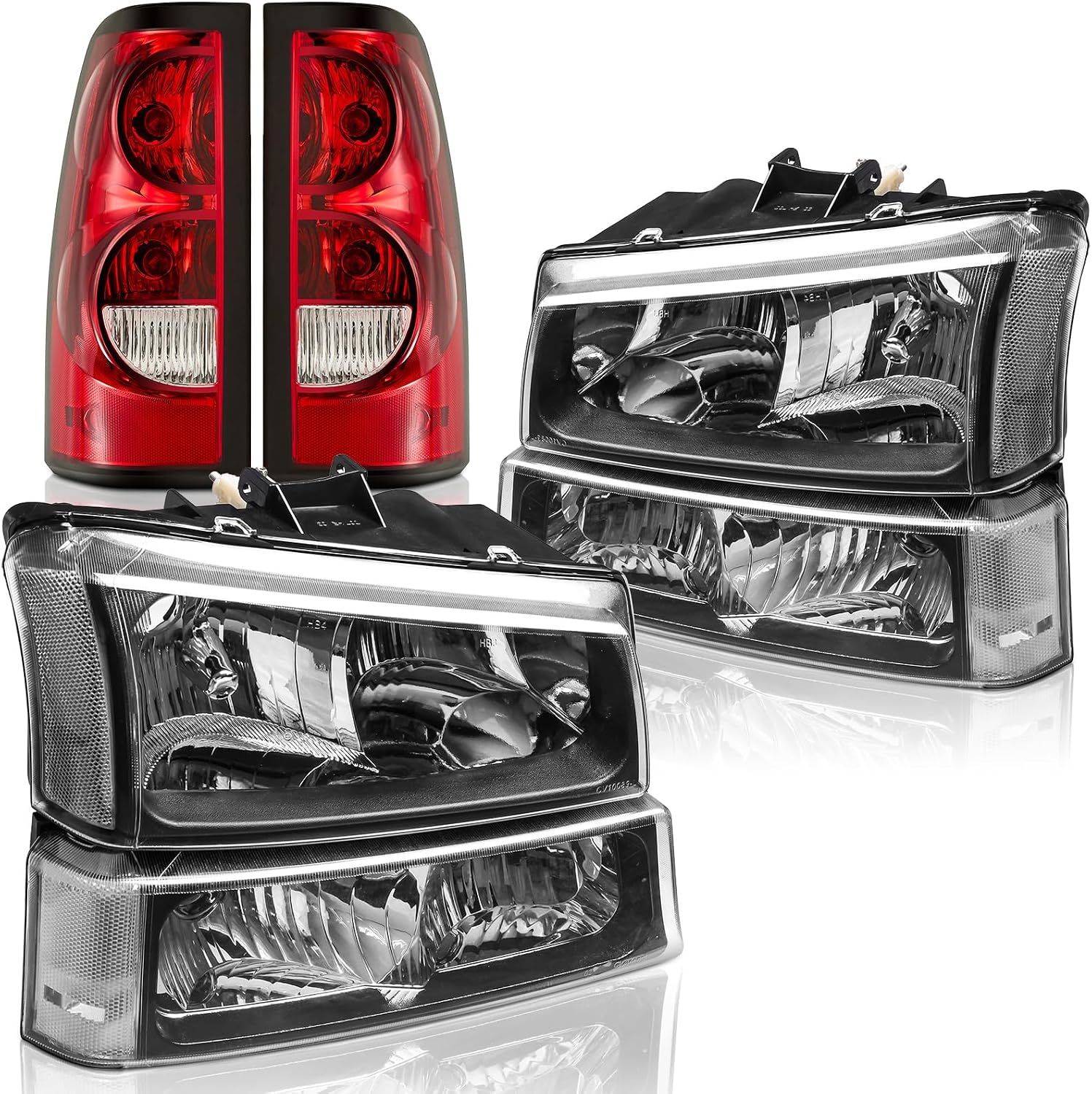 Headlights and Taillights Assembly Combo Kits for 2003-2006 Chevy Silverado 1500 2500 3500 & 2007 Chevy Silverado Classic Head Lamps/Red Rear Tail Brake Signal Lights Replacement (LH RH),Black Clear