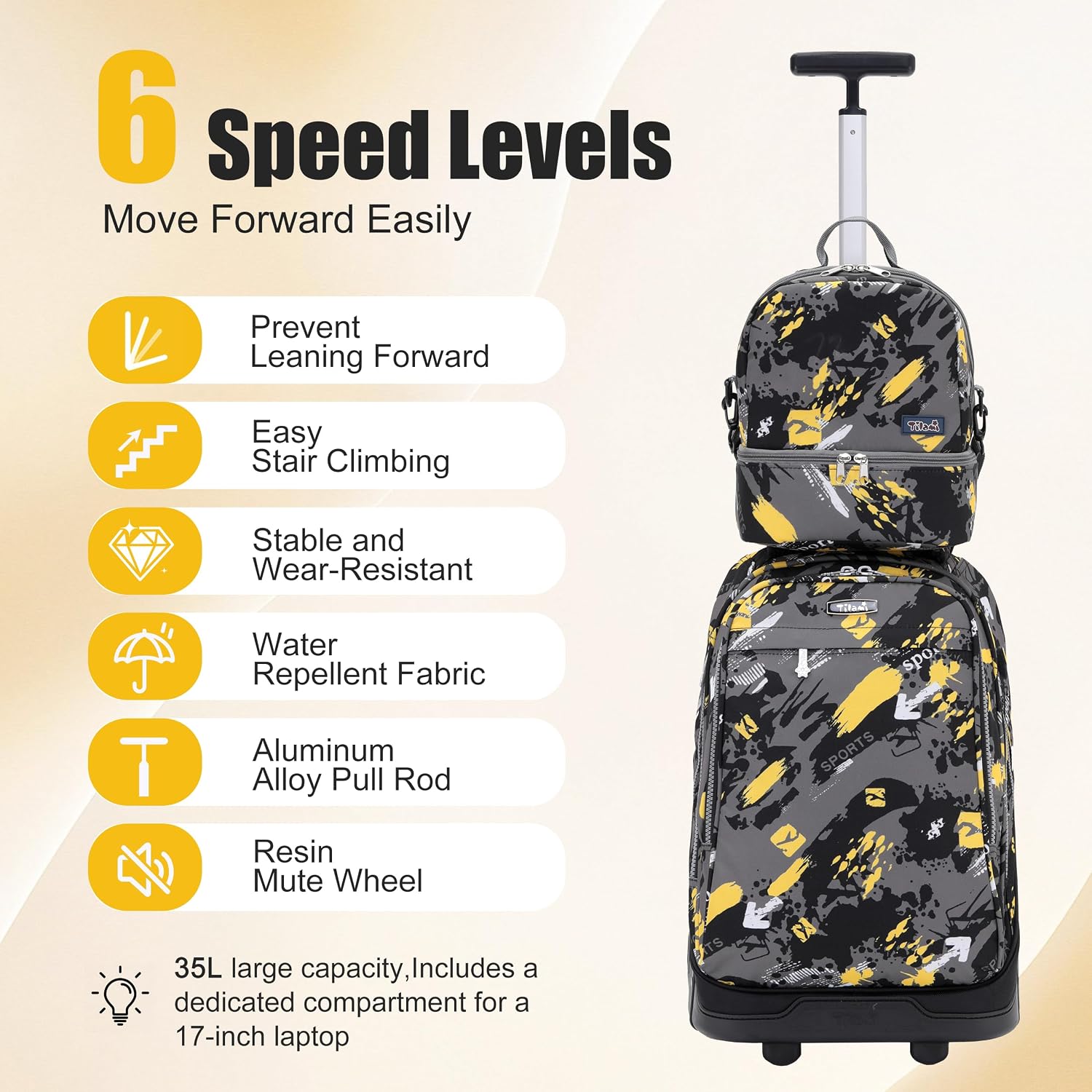 NEW TILAMI 19 Inch Rolling Backpack with Lunch Bag for Girls Boys Wheeled Laptop Backpack Durable Carry-on Bag School Travel, Doodle Yellow