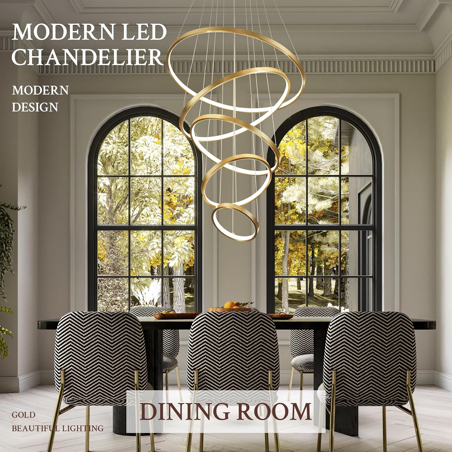 5 Ring Modern LED Chandelier Dimmable Gold High Ceiling Chandeliers for Foyer, LED Contemporary Large Pendant Lighting with Remote Control Circular for Living Room Staircase, 3000K-6500K