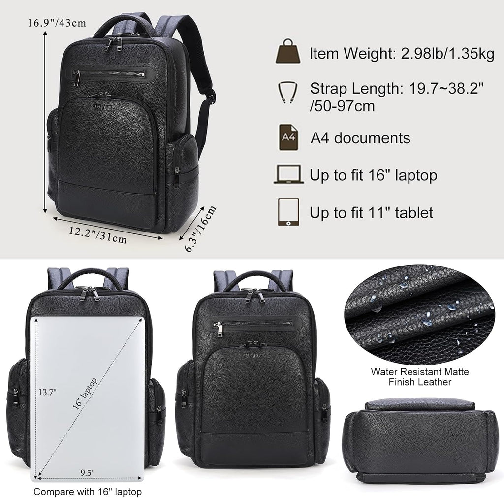 Masa Kawa Black Leather Business Travel Laptop Backpack for Men Fits 15.6' 16' Computer Office Work Commuting Executive Bag Waterproof Daypack