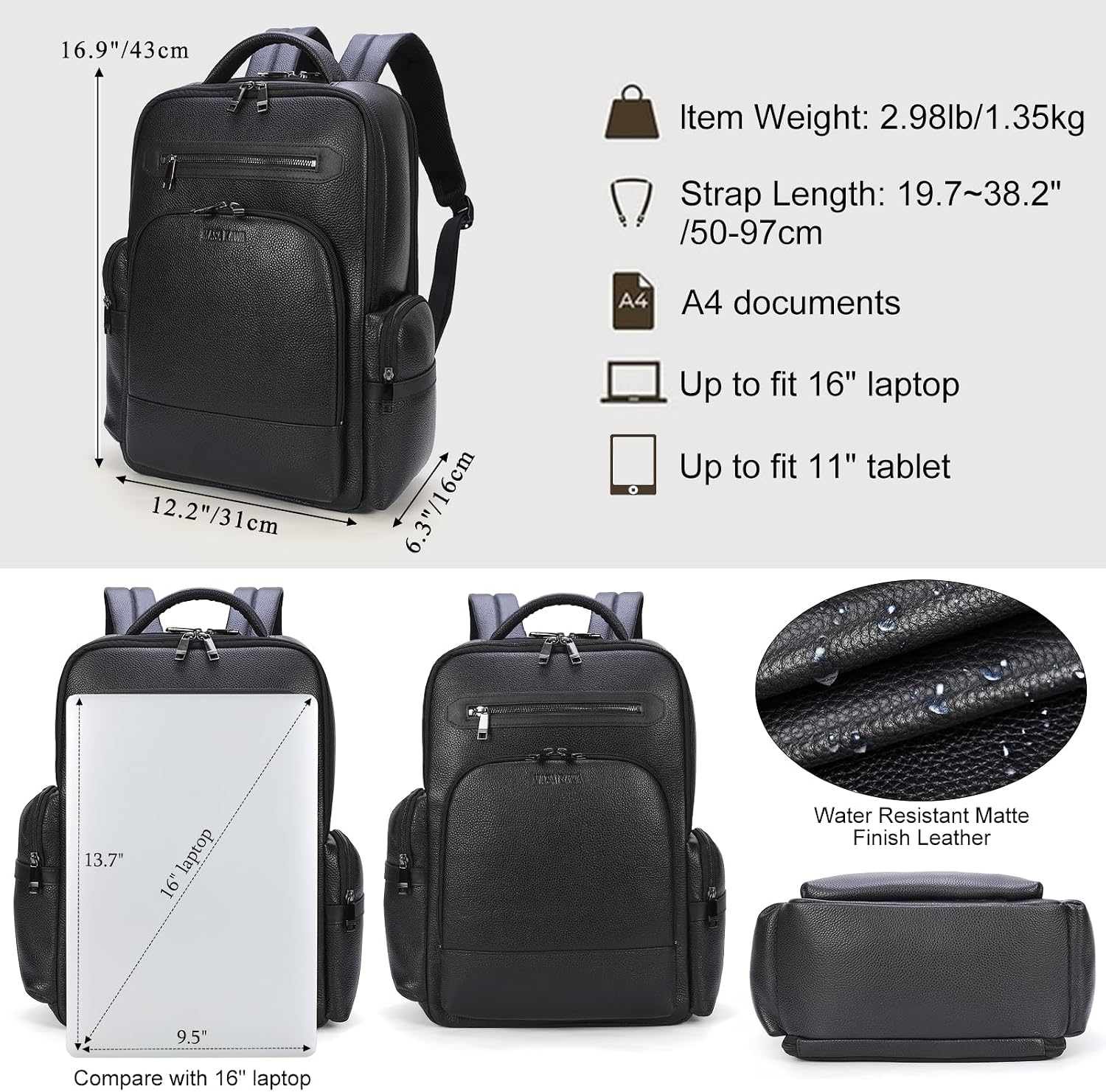 Masa Kawa Black Leather Business Travel Laptop Backpack for Men Fits 15.6' 16' Computer Office Work Commuting Executive Bag Waterproof Daypack