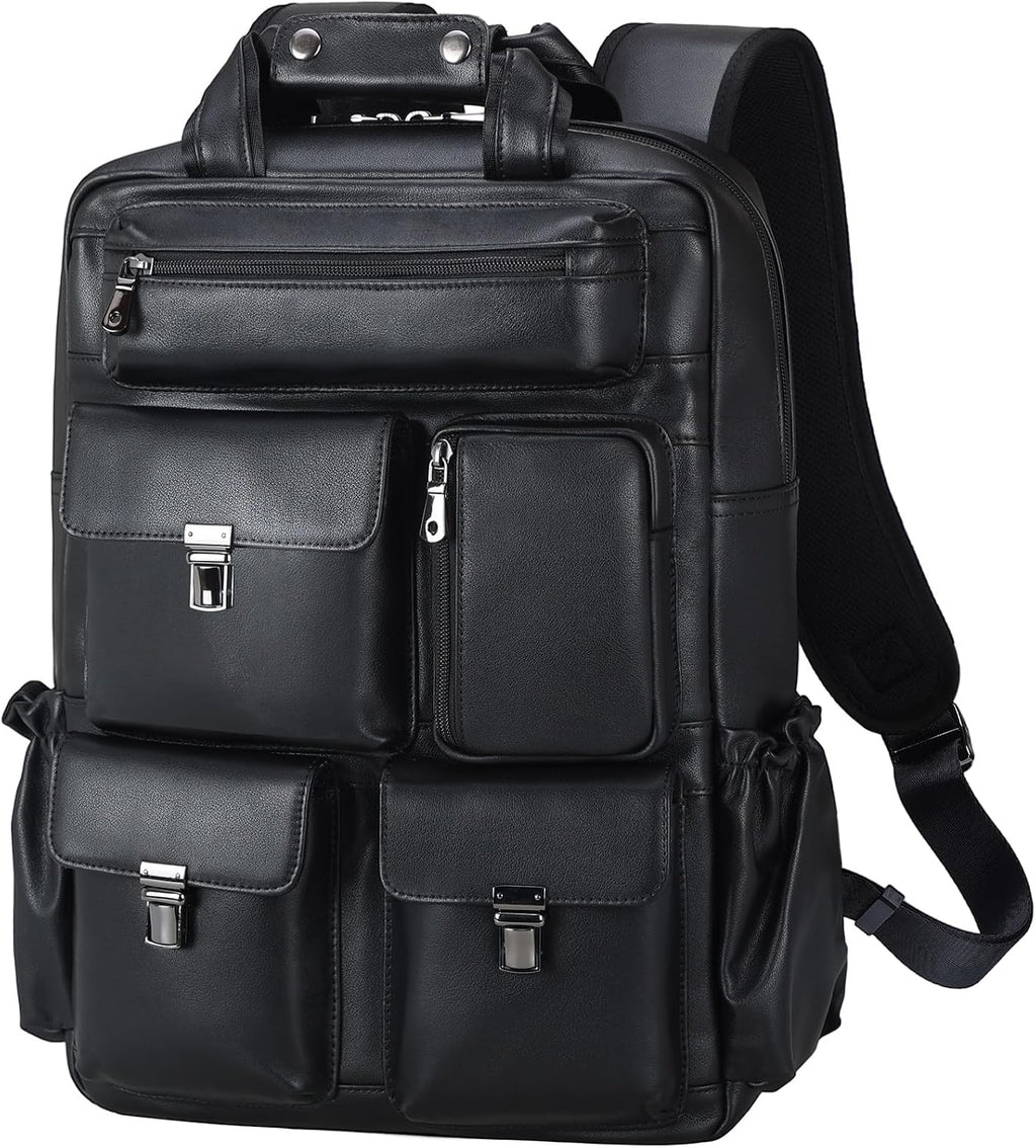 Masa Kawa Black Leather Backpack for Men 15.6 Inch Laptop Bag Multi Pockets Casual Work Business Travel Daypack