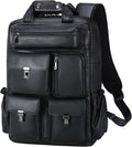 Masa Kawa Black Leather Backpack for Men 15.6 Inch Laptop Bag Multi Pockets Casual Work Business Travel Daypack