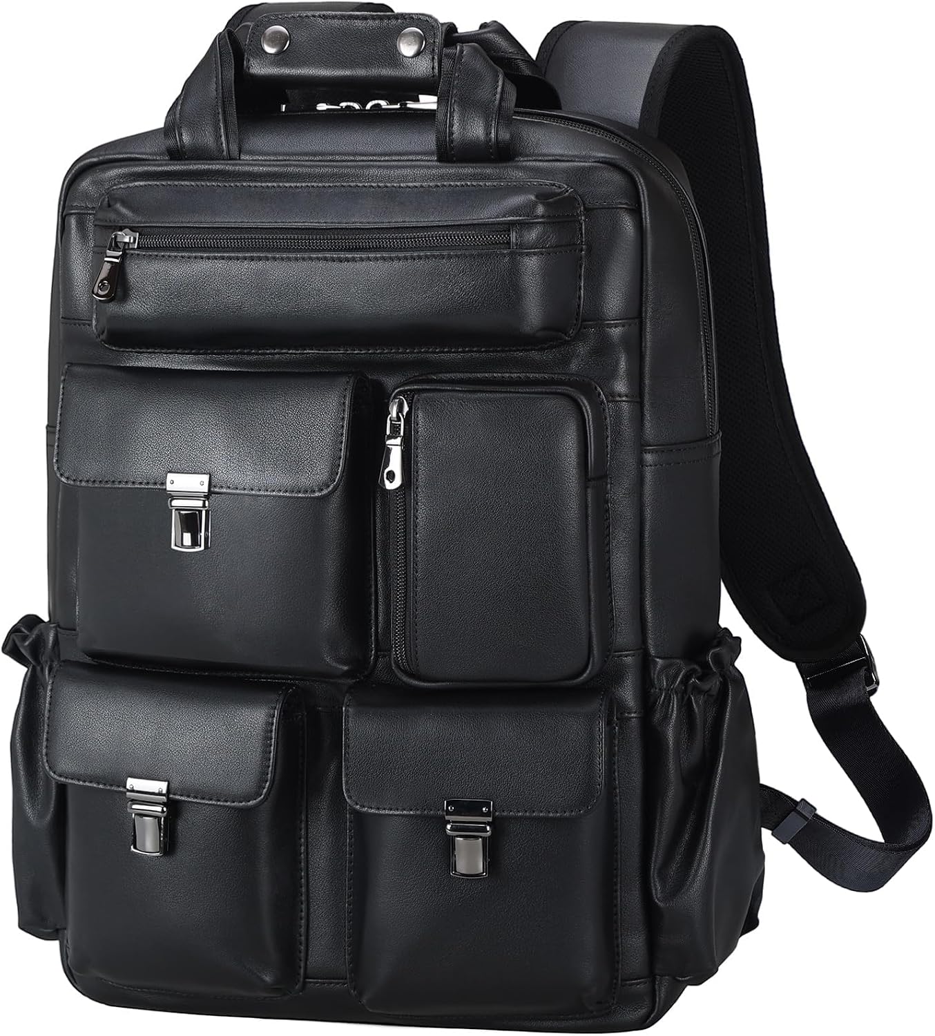 Masa Kawa Black Leather Backpack for Men 15.6 Inch Laptop Bag Multi Pockets Casual Work Business Travel Daypack