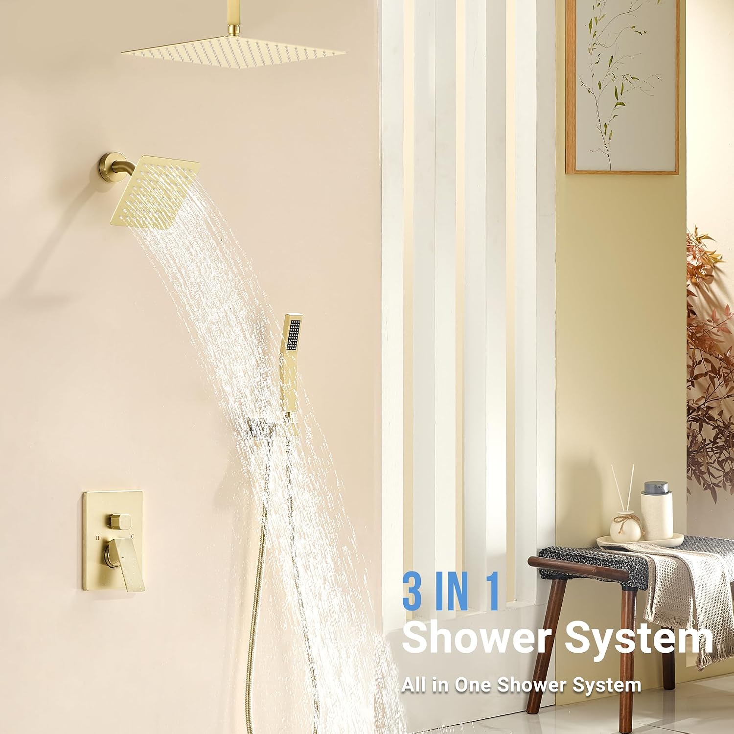 Dasan Dual Rain Shower System with Valve & handheld,Luxury Shower Faucet Set With Ceiling Mounted 12' & 6' Shower Head,Brushed Gold Tandem Shower Head System for Couples 2 Person