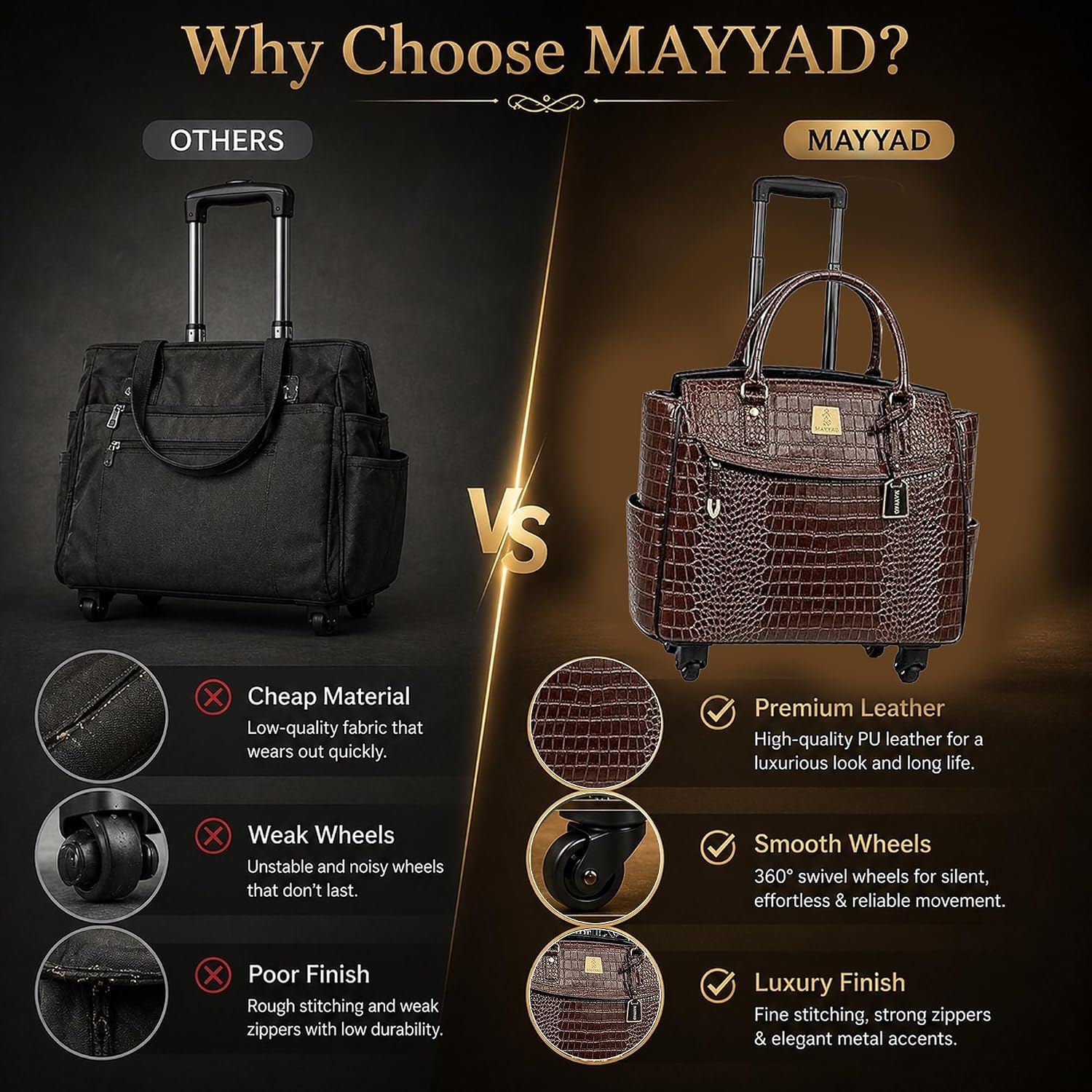 Rolling Laptop Bag for Women with Wheels & Handle Luxury Pure Leather Embossed Work Bag with Laptop Sleeve Travel Briefcase