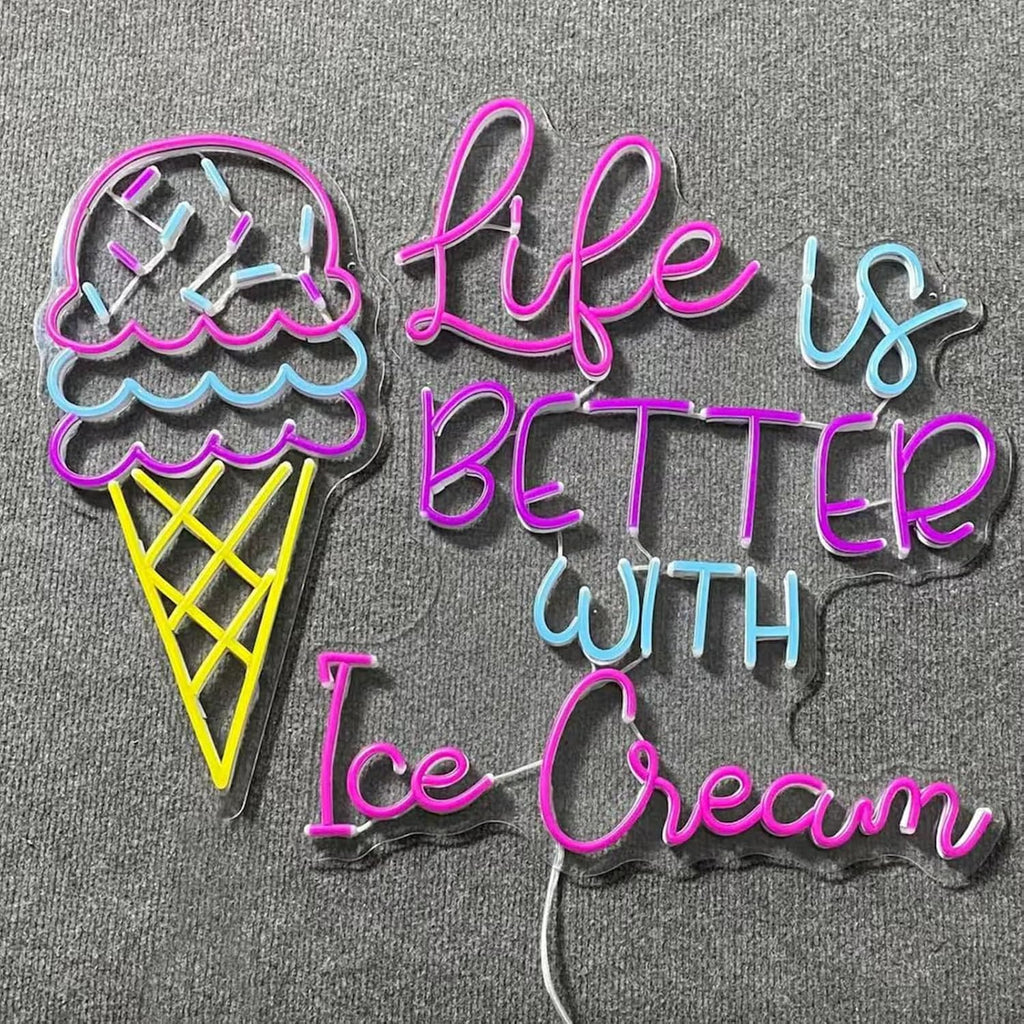 Life Is Better With Ice Cream Neon Sign LED Business Welcome Open Neon Light Signs Wall Decor for Ice Cream Bar Shop, Home, Party Gift Size: 20 inches