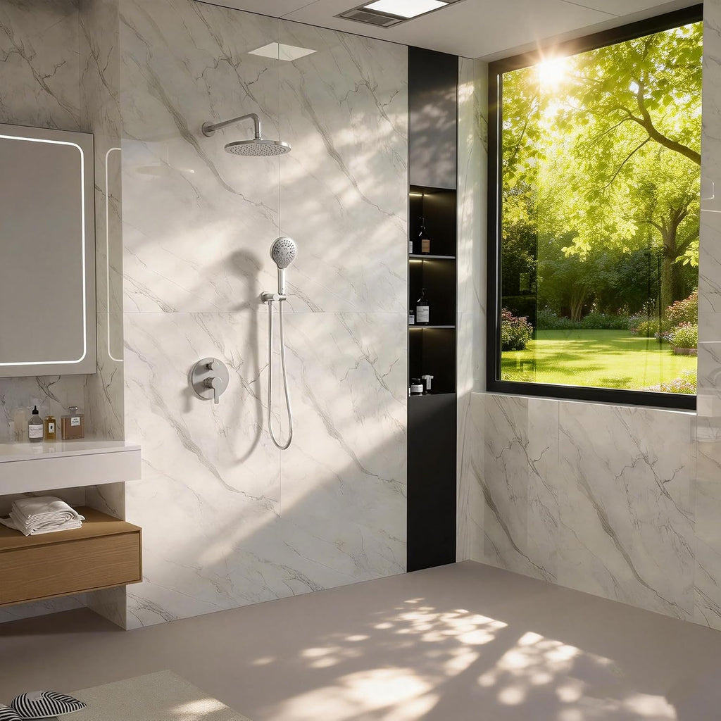 Brushed Nickel Shower Faucet Set with Valve 10 Inches Rainfall Shower Head Combo Set, Wall Mount Shower Fixtures Shower Head System with 6 Function Handheld