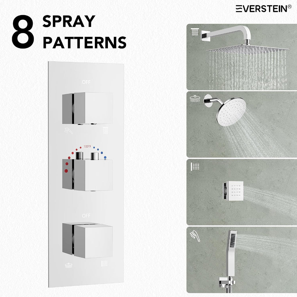 Wall Mount 12' High-Pressure Rainfall Shower Faucet, Dual Rainfall Shower Head System with 6 Body Jets (Polished Chrome)