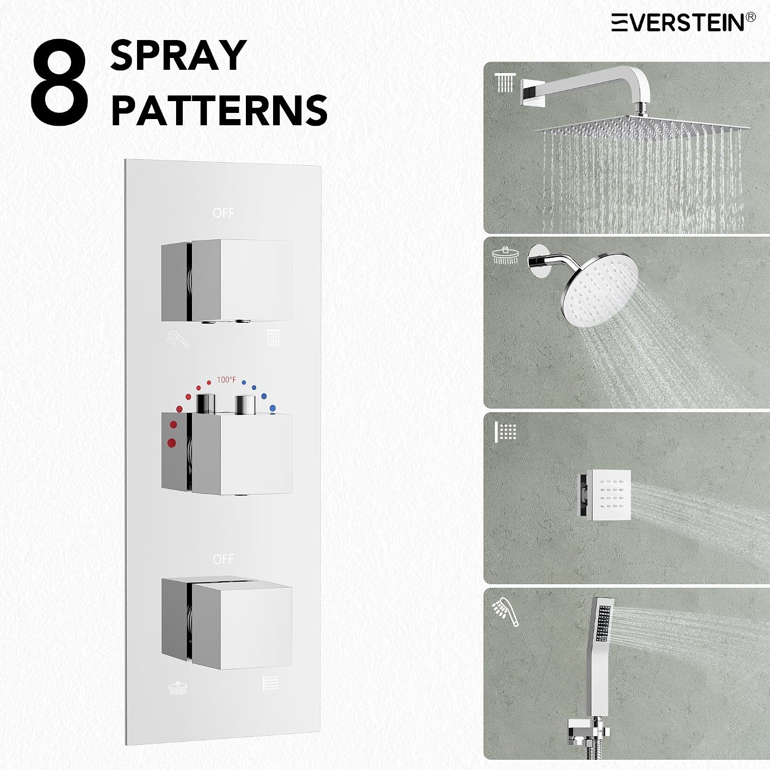 Wall Mount 12' High-Pressure Rainfall Shower Faucet, Dual Rainfall Shower Head System with 6 Body Jets (Polished Chrome)