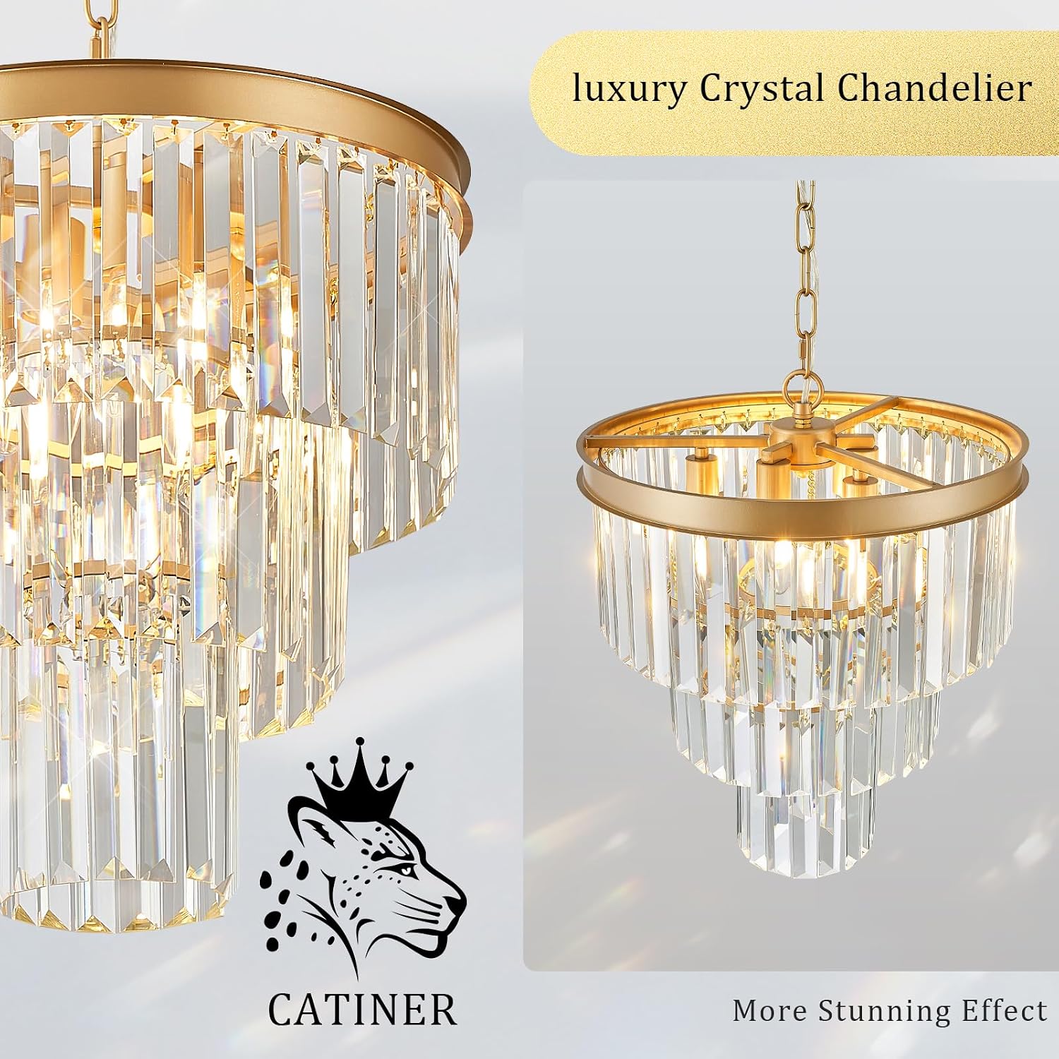 CATINER Gold Crystal Chandeliers 16' Modern 6-Light Small Pendant Light Luxury 3 Tiers K9 Crystal Ceiling Pendant Round Light Fixture for Dining Room Entryway Kitchen Bedroom Closet