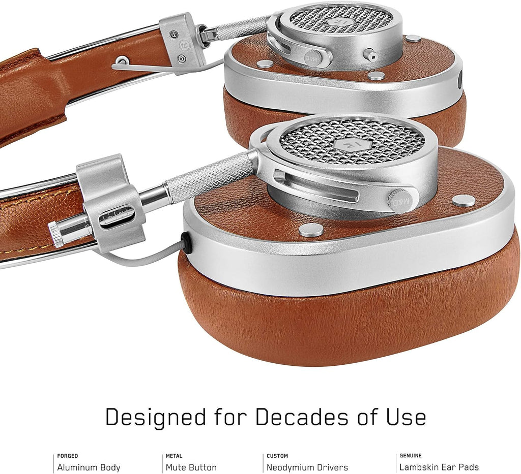 Master & Dynamic MH40 Over-Ear Headphones with Wire - Noise Isolating with Mic Recording Studio Headphones with Superior Sound, Silver Metal/Brown Leather