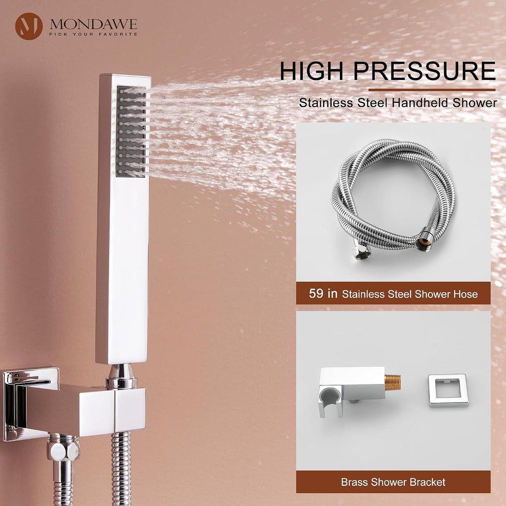 MONDAWE 12 In Thermostatic Shower System, Ceiling Mounted High Pressure Shower Head with Handheld,6 Body Jets, Bathroom Shower Faucet Set in Chrome