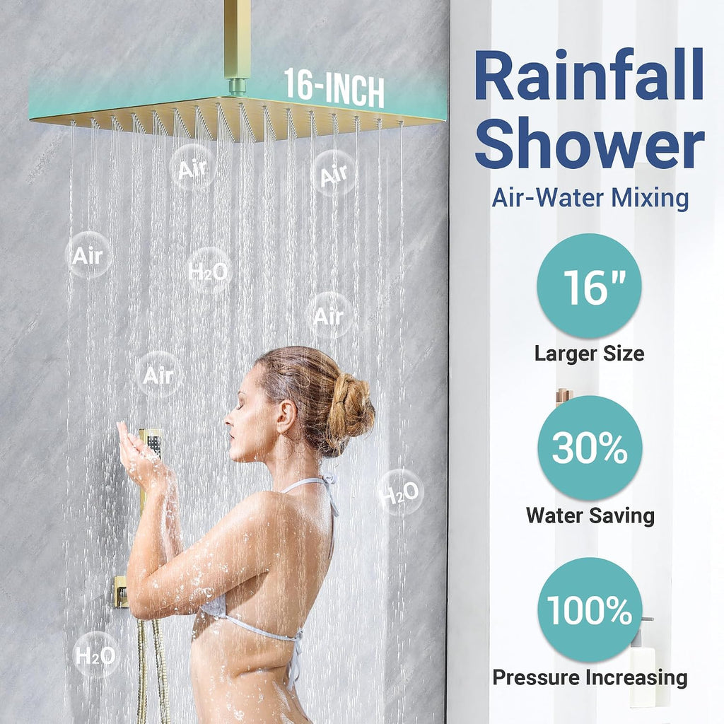 Thermostatic Dual Shower System with 4-Inch Body Jets, Ceiling 16' Rainfall Shower & Wall Mount 6-Inch Shower Head, Brushed Gold Luxury Shower Faucet Set with Handheld Sprayer