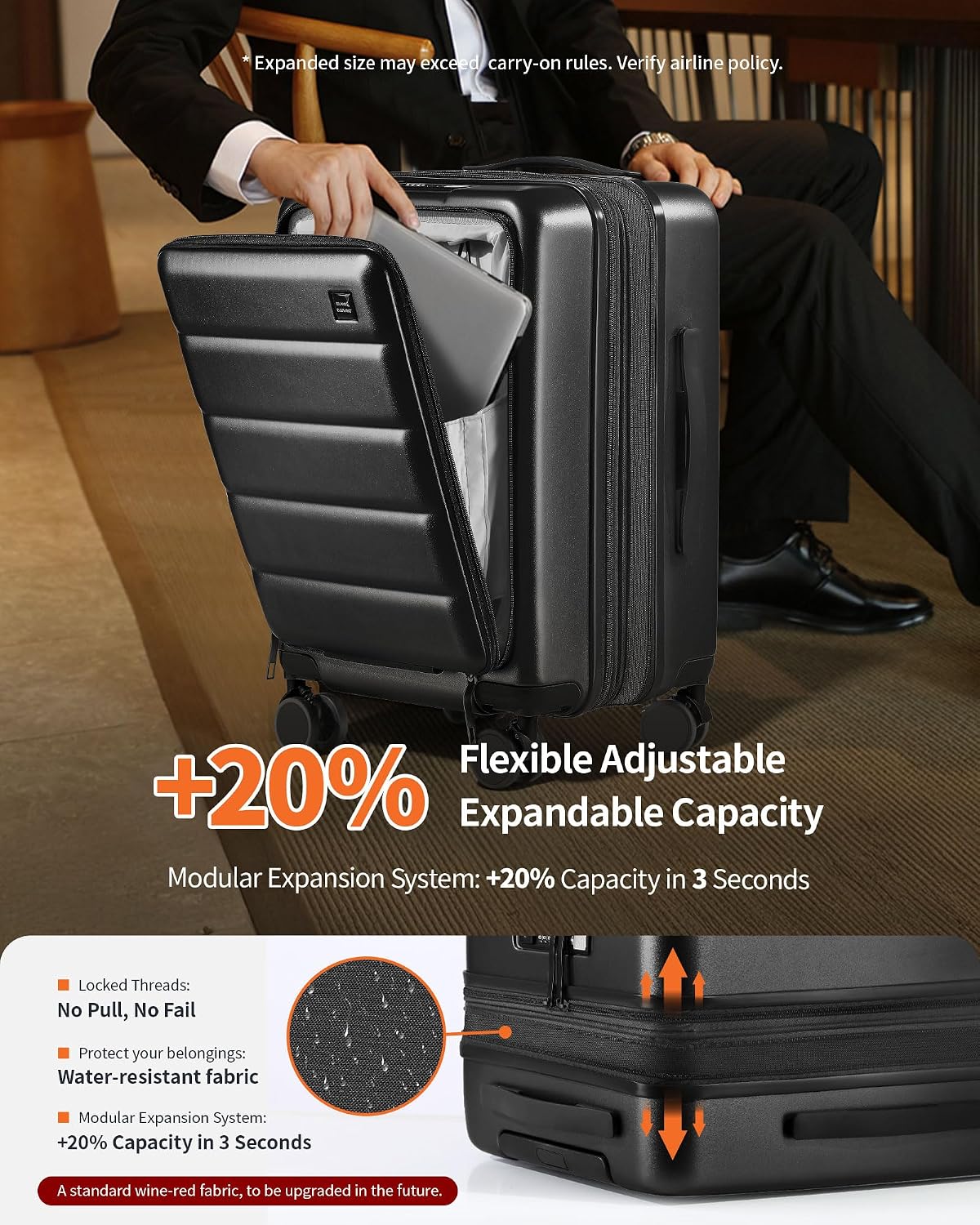 Expandable 20Inch Carry On Luggage Airline Approved - Front Pocket Travel Suitcase 100% PC Unbreakable -with Cup Holder,USB Charge,Side Pothook, 360°Spinner Wheels, TSA Lock-Black