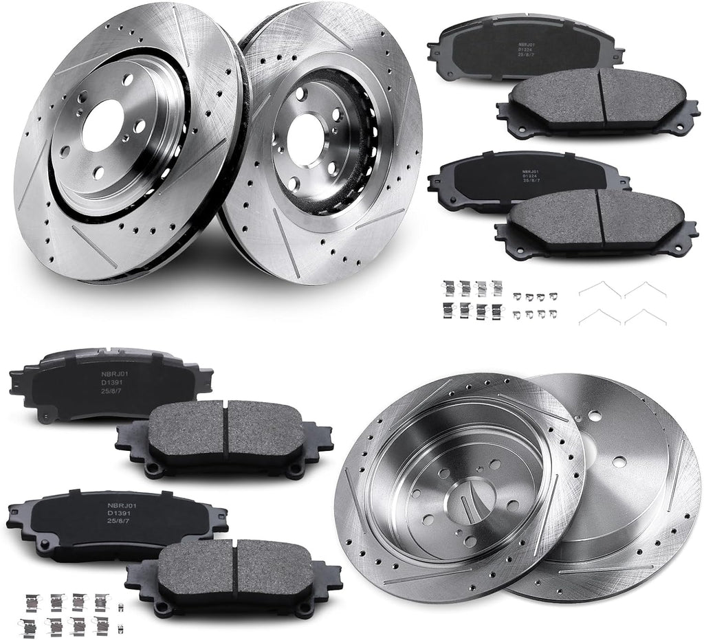 Front & Rear Drilled and Slotted Disc Brake Rotors & Ceramic Brake Pads Kit Fit for Lexus 10-15 RX350, 10-15 RX450H; for Toyota 14 Highlander, 15-19 Highlander, 11-20 Sienna # 31511 31544
