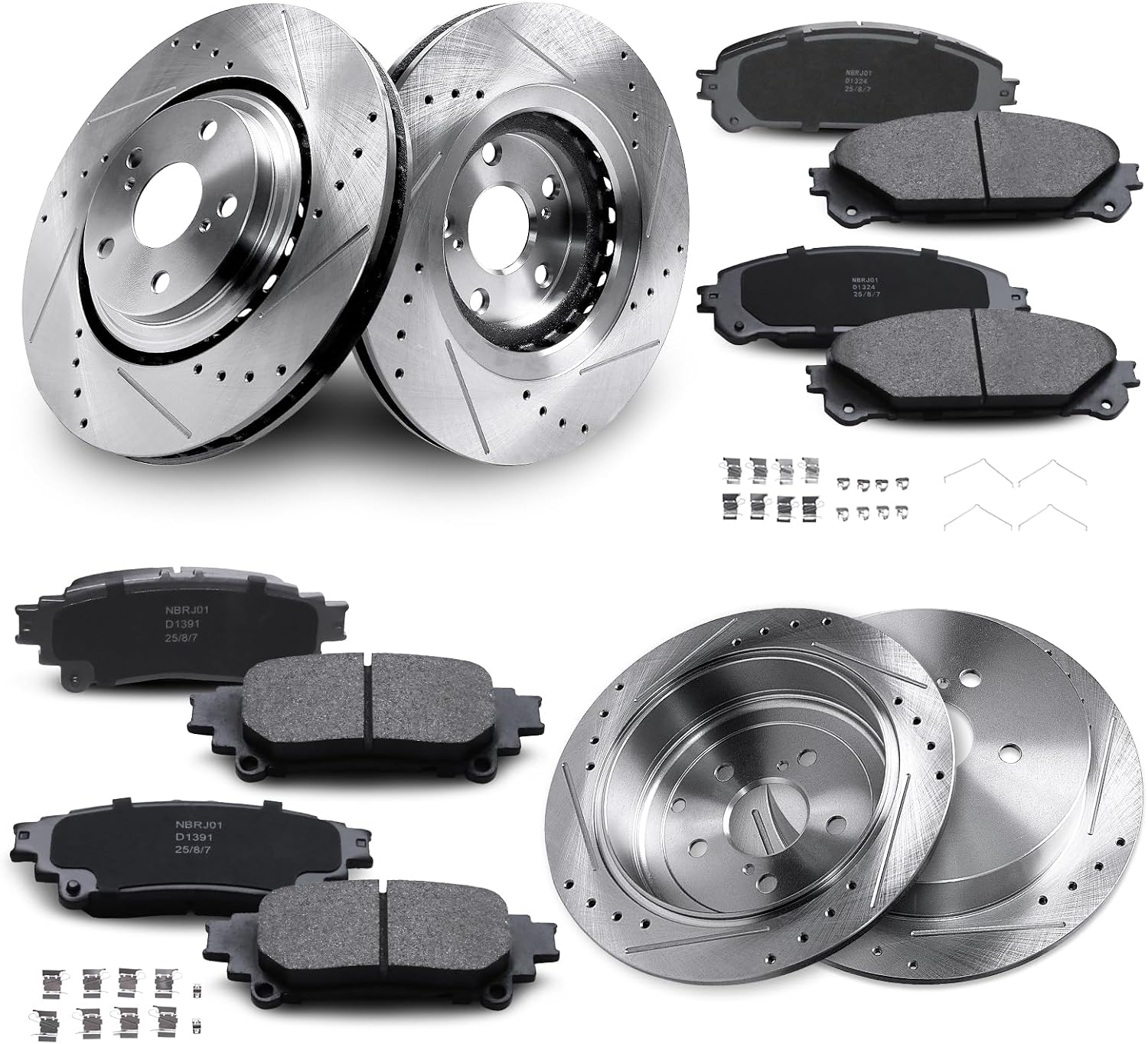 Front & Rear Drilled and Slotted Disc Brake Rotors & Ceramic Brake Pads Kit Fit for Lexus 10-15 RX350, 10-15 RX450H; for Toyota 14 Highlander, 15-19 Highlander, 11-20 Sienna # 31511 31544