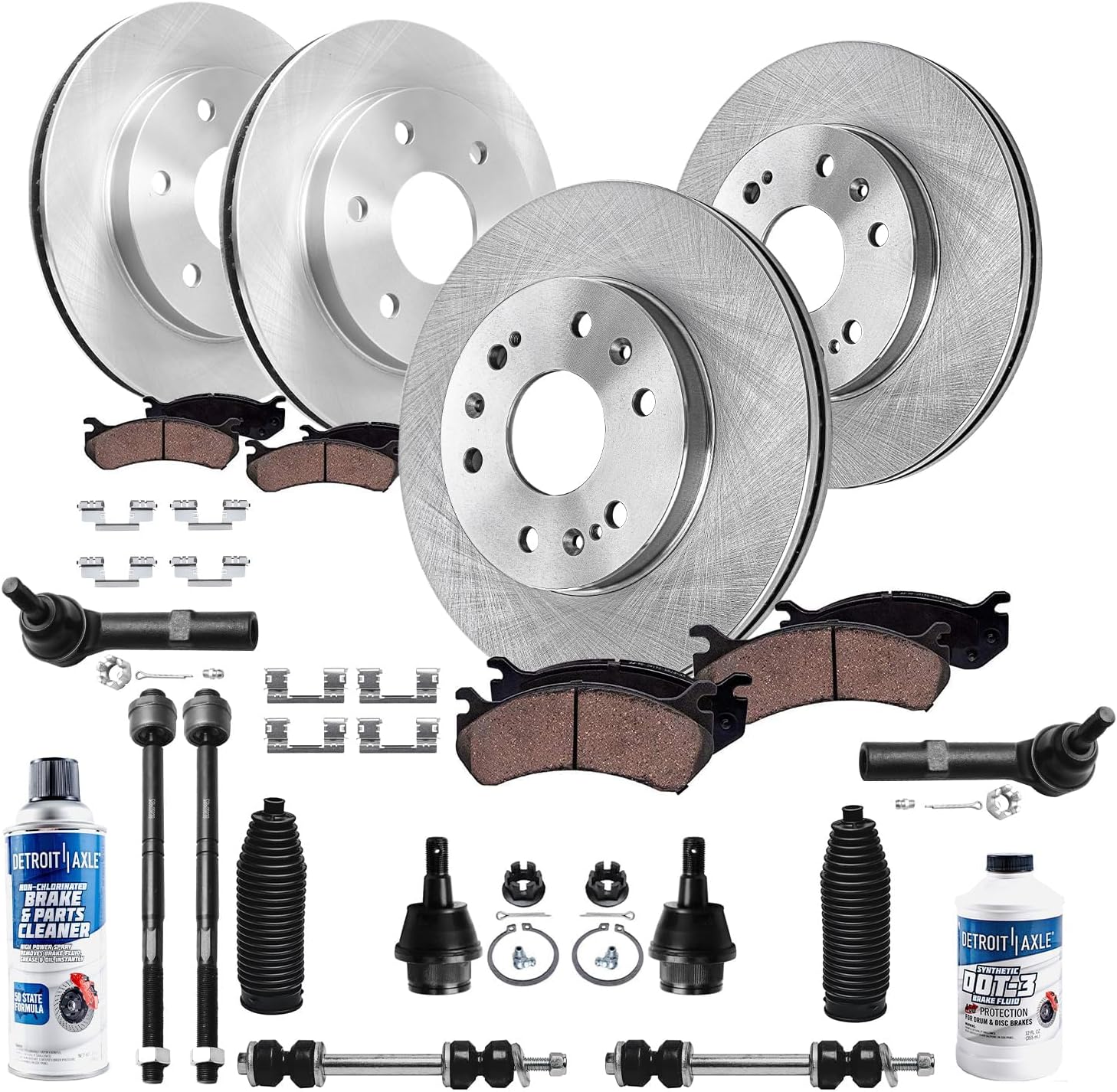 Detroit Axle - Front Brake Kit for Suburban Silverado Sierra 1500 GMC Yukon Chevy Tahoe, Tie Rods Boots Sway Bars Lower Ball Joints Front and Rear Disc Brake Rotors Ceramic Brake Pads Replacement