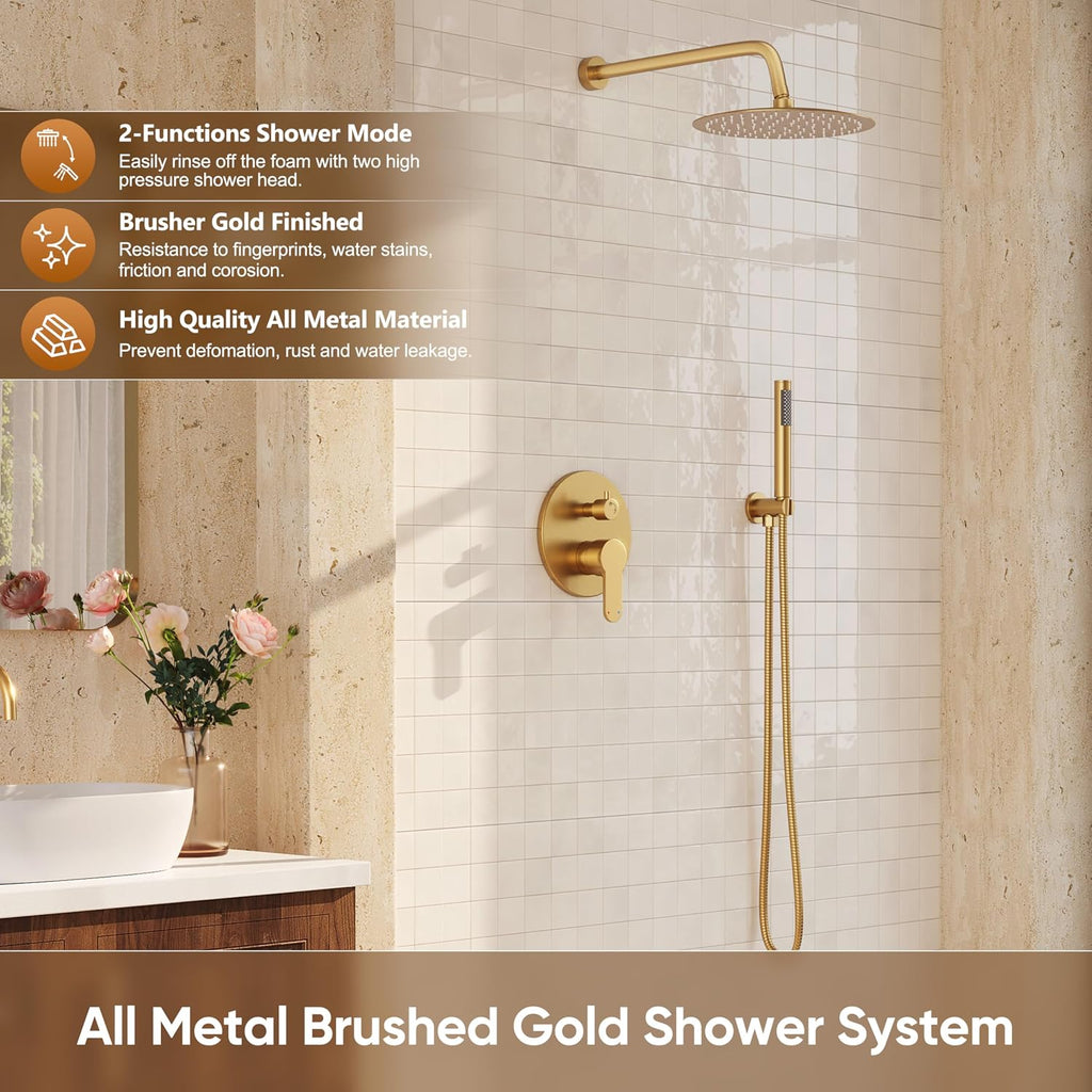 Brushed Gold Shower System, All-Metal Wall Mounted Shower Faucet Set with High Pressure 10-Inch Rain Showerhead & Handheld Spray, Bathroom Shower Combo Set with Rough-In Valve and Trim Included