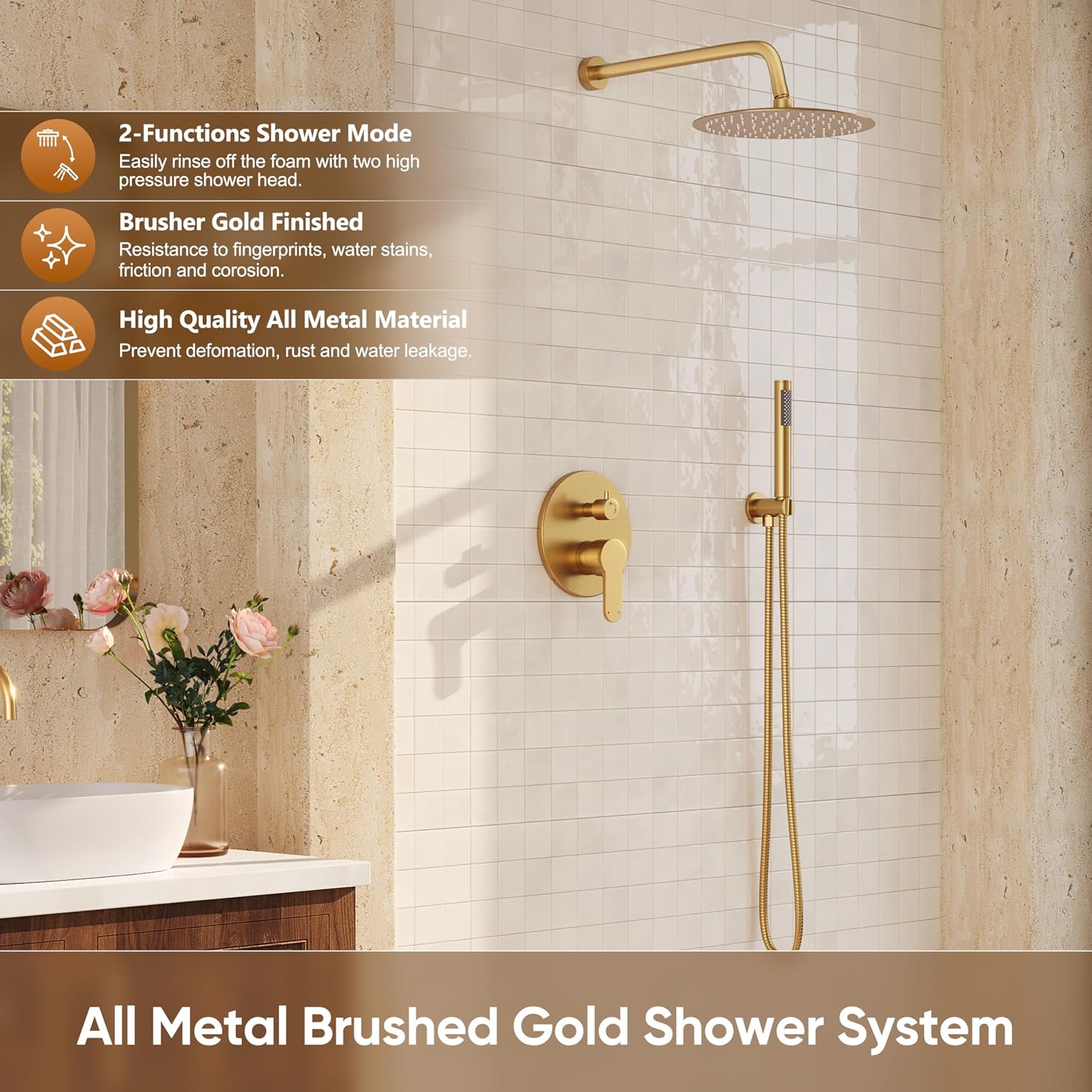 Brushed Gold Shower System, All-Metal Wall Mounted Shower Faucet Set with High Pressure 10-Inch Rain Showerhead & Handheld Spray, Bathroom Shower Combo Set with Rough-In Valve and Trim Included