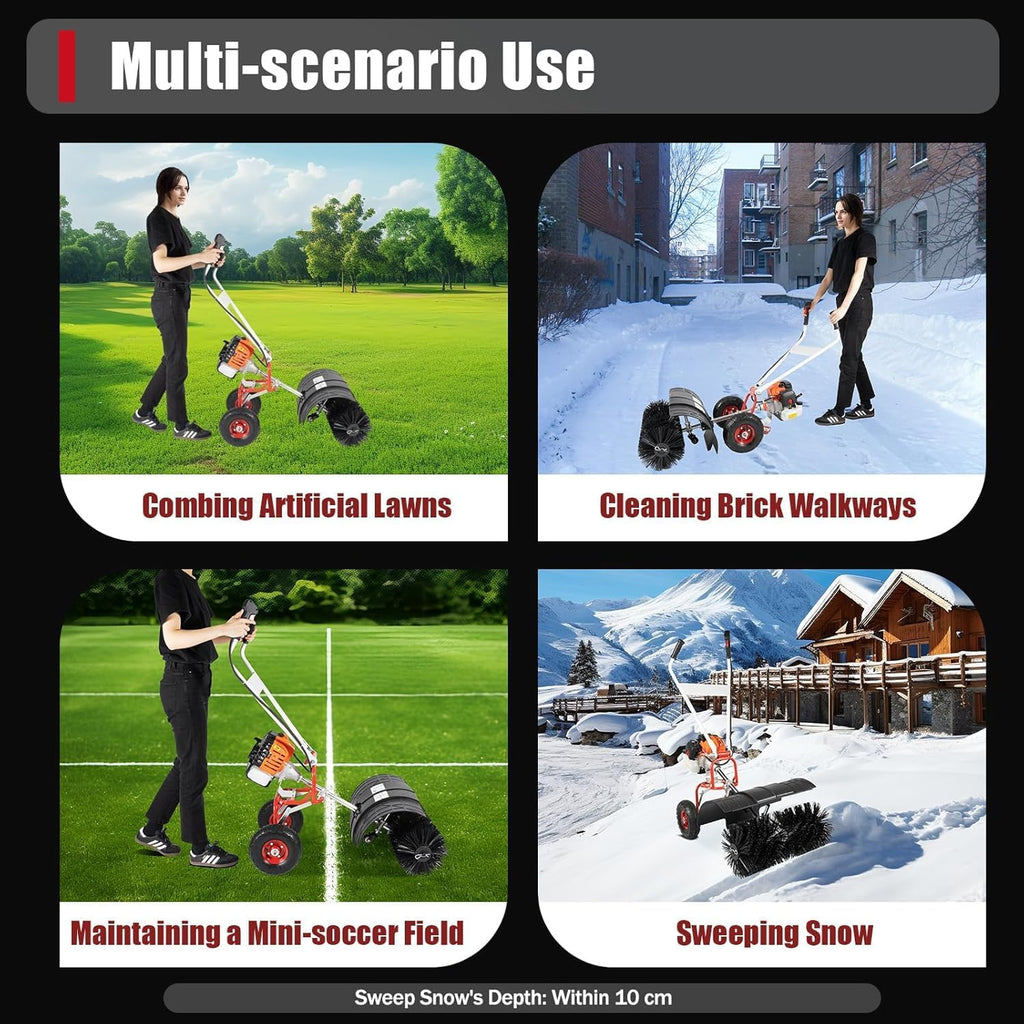 52CC Walk Behind Power Sweeper Broom, 2-Stroke 2.5HP Snow Sweeper Air-Cooled Fuel Engine Snowplow Broom, Outdoor Lawn Sweeper Cleaner Tools for Lawn Leaf Snow Artificial Turf Grass Gravel Cleaning