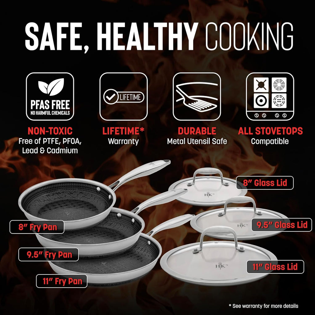 Hell's Kitchen 6 Piece Hybrid Fry Pan Set, Tri-Clad Stainless Steel & PFAS-Free Ceramic Nonstick, no PFOA, no PTFE, no Teflon, Non-Toxic Cookware, Metal Utensil Safe, All Cooktops, Oven Safe