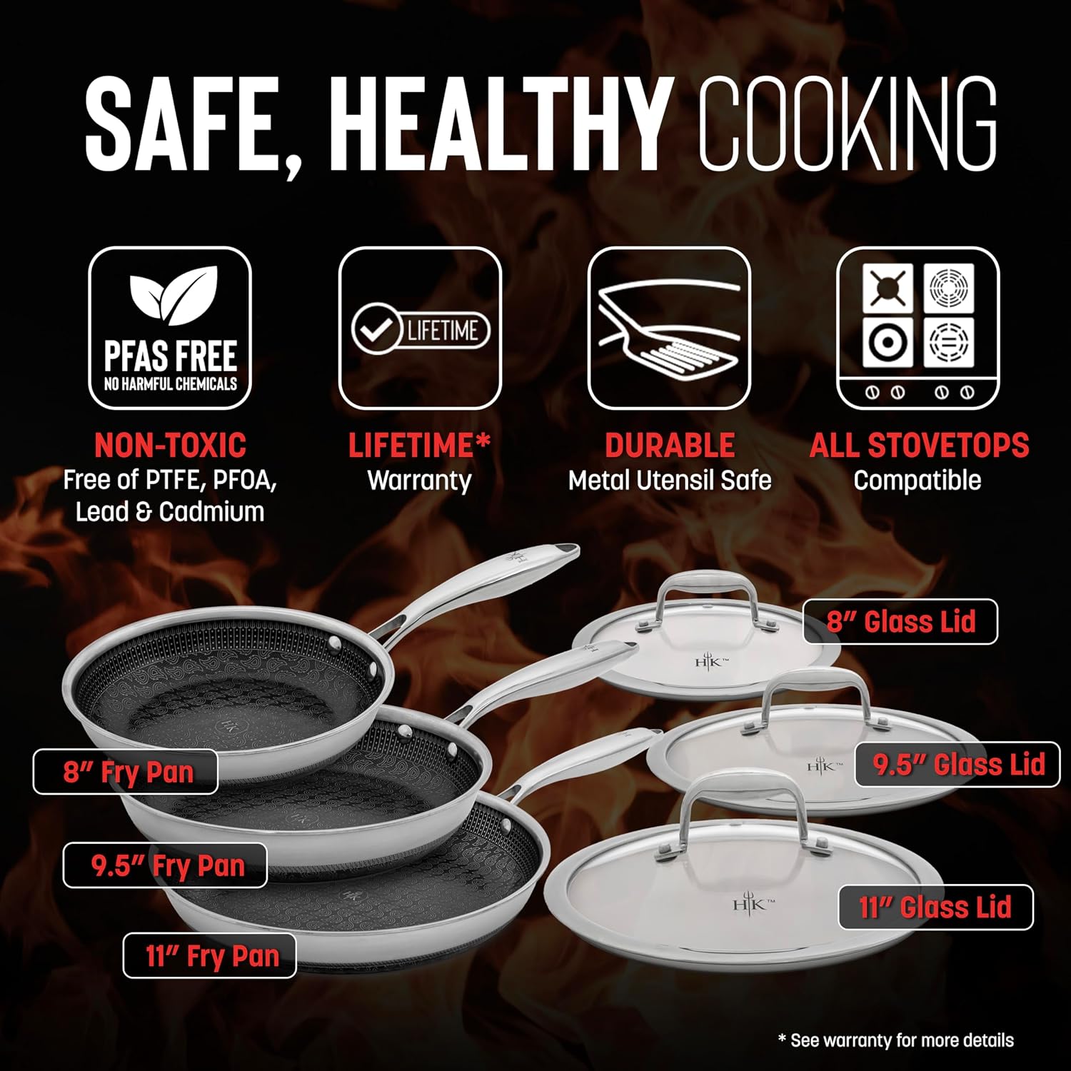 Hell's Kitchen 6 Piece Hybrid Fry Pan Set, Tri-Clad Stainless Steel & PFAS-Free Ceramic Nonstick, no PFOA, no PTFE, no Teflon, Non-Toxic Cookware, Metal Utensil Safe, All Cooktops, Oven Safe