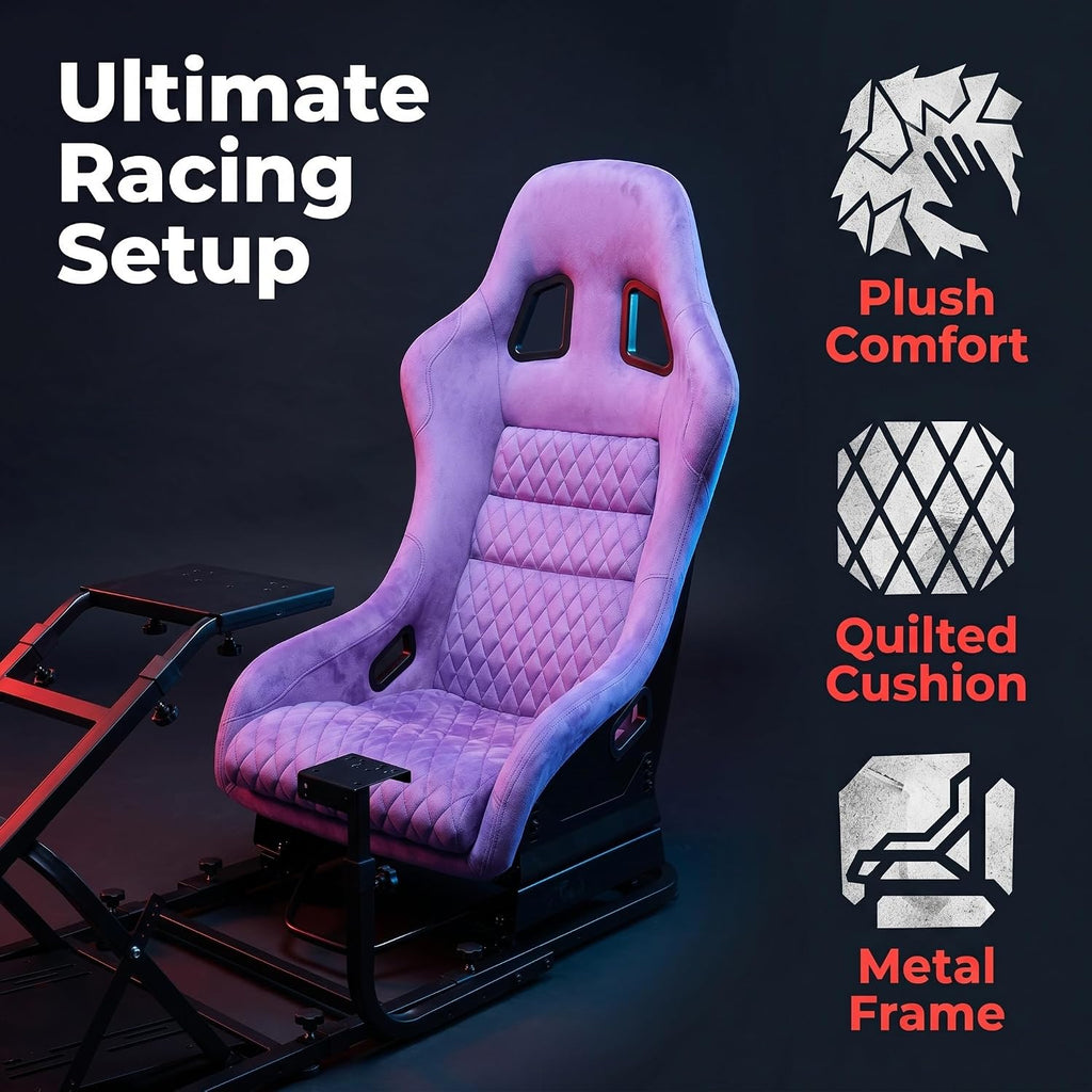 Racing Simulator Cockpit with Monitor Mount and Strong Fiberglass Purple Mesh Fabric Bucket Seat, Racing Wheel Stand Compatible with Fanatec, Thrustmaster, Logitech, Moza Racing Games on PS5, PS4, Xbox and PC