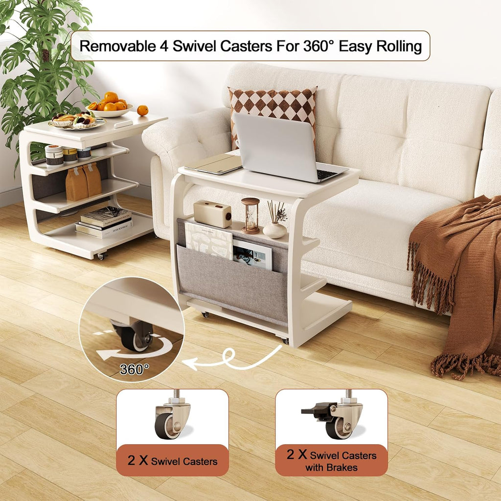 AQIMUELE Rolling Side Table, C Shaped End Table, C Table with 4 Wheels Solid Wood Small Rolling Desk with Adjustable Desktop,C Shaped End Table for Couch,Home Office(15.6' D x 23.6' W x 24.3' H)