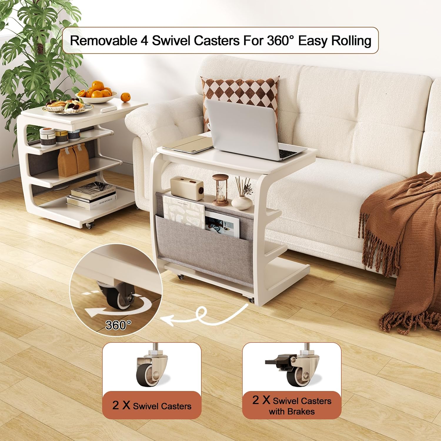 AQIMUELE Rolling Side Table, C Shaped End Table, C Table with 4 Wheels Solid Wood Small Rolling Desk with Adjustable Desktop,C Shaped End Table for Couch,Home Office(15.6' D x 23.6' W x 24.3' H)