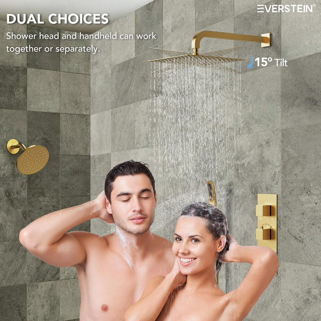Thermostatic Shower system, 12 & 6 in. Bathroom Shower Set Wall Mount Dual Shower Head Faucet in Brushed Gold